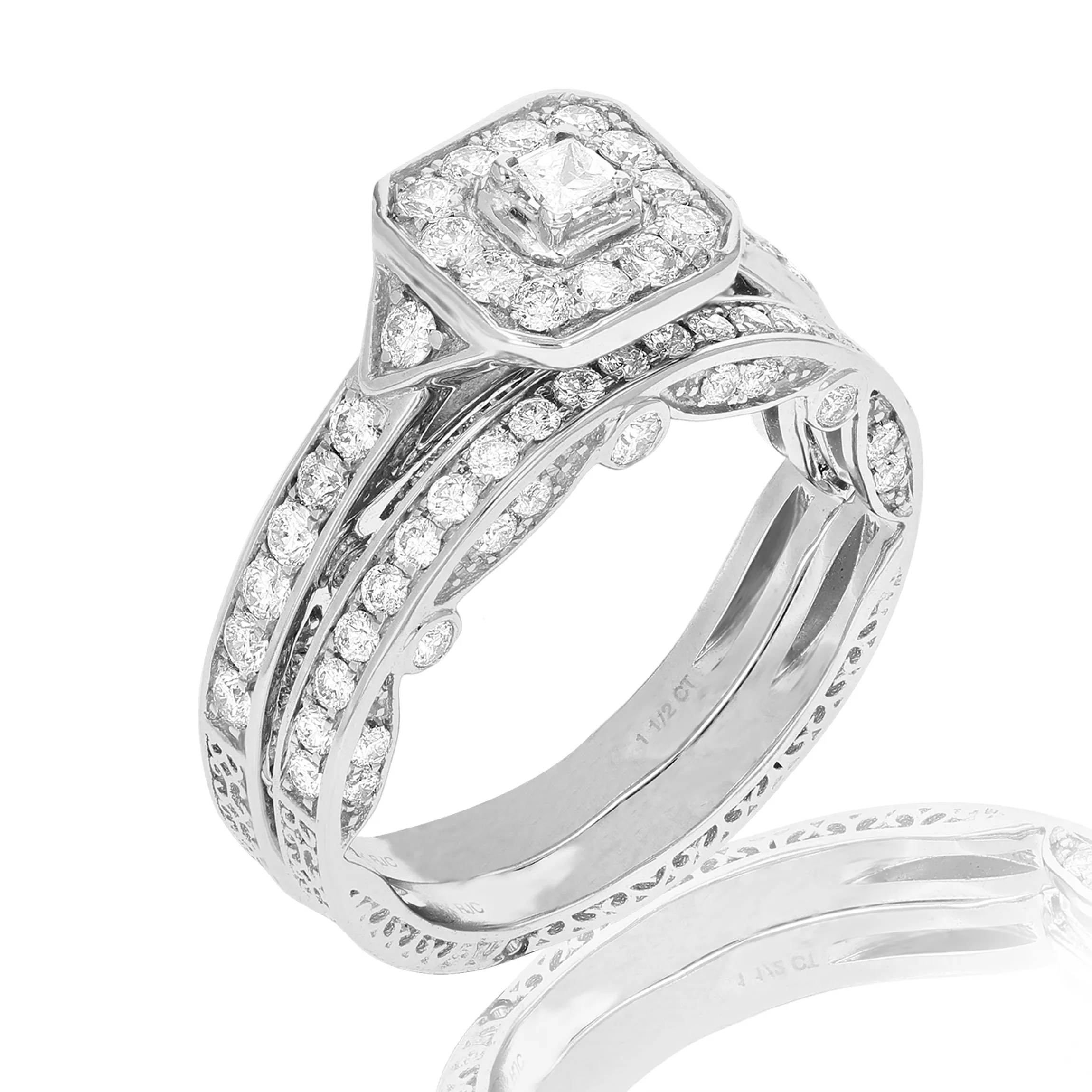 1 1/4 cttw Diamond Wedding Engagement Ring Bridal Set 14K White Gold Halo