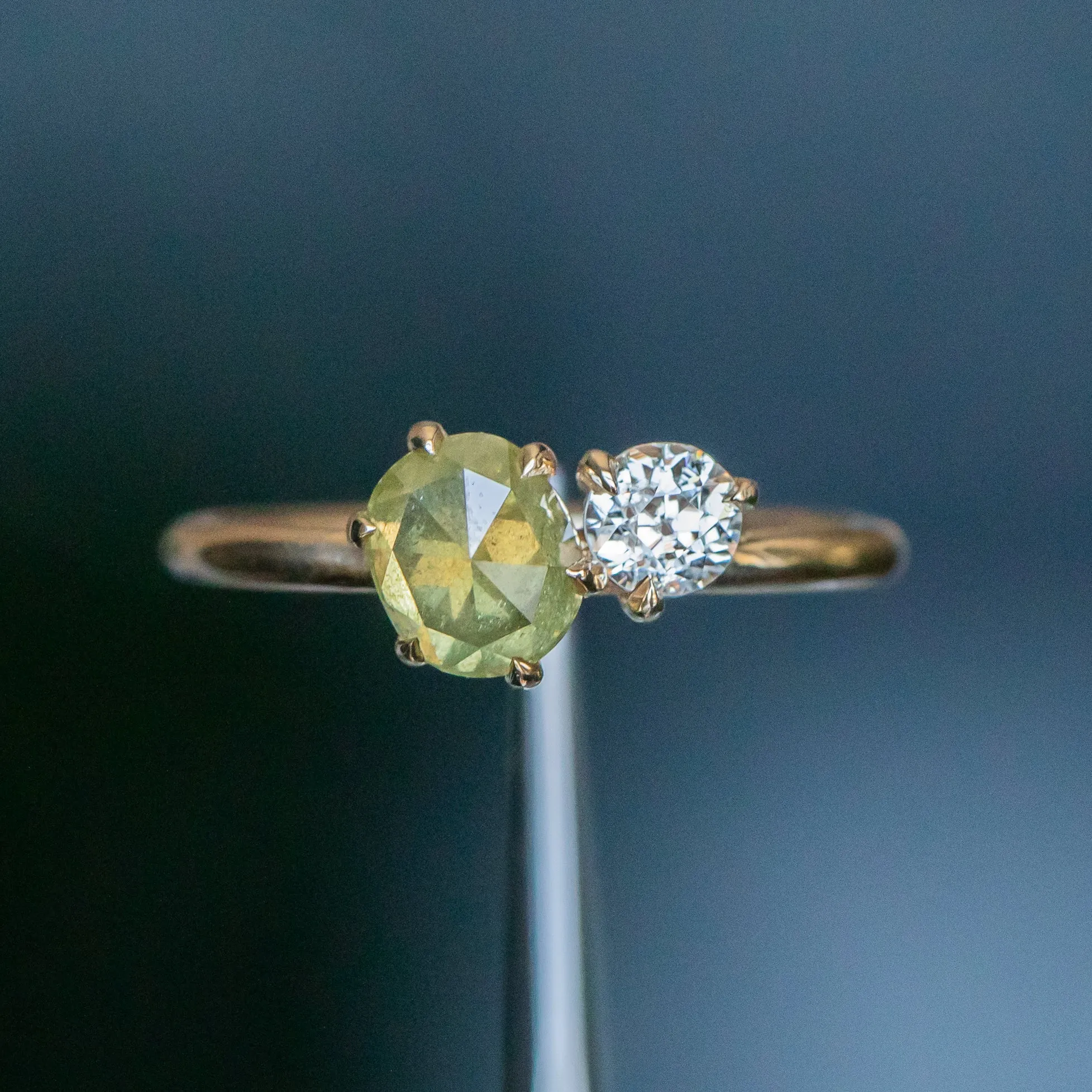 1.02ct Rosecut Green Diamond and 0.27ct Antique Old Mine Cut Diamond Ring in 18k Yellow Gold