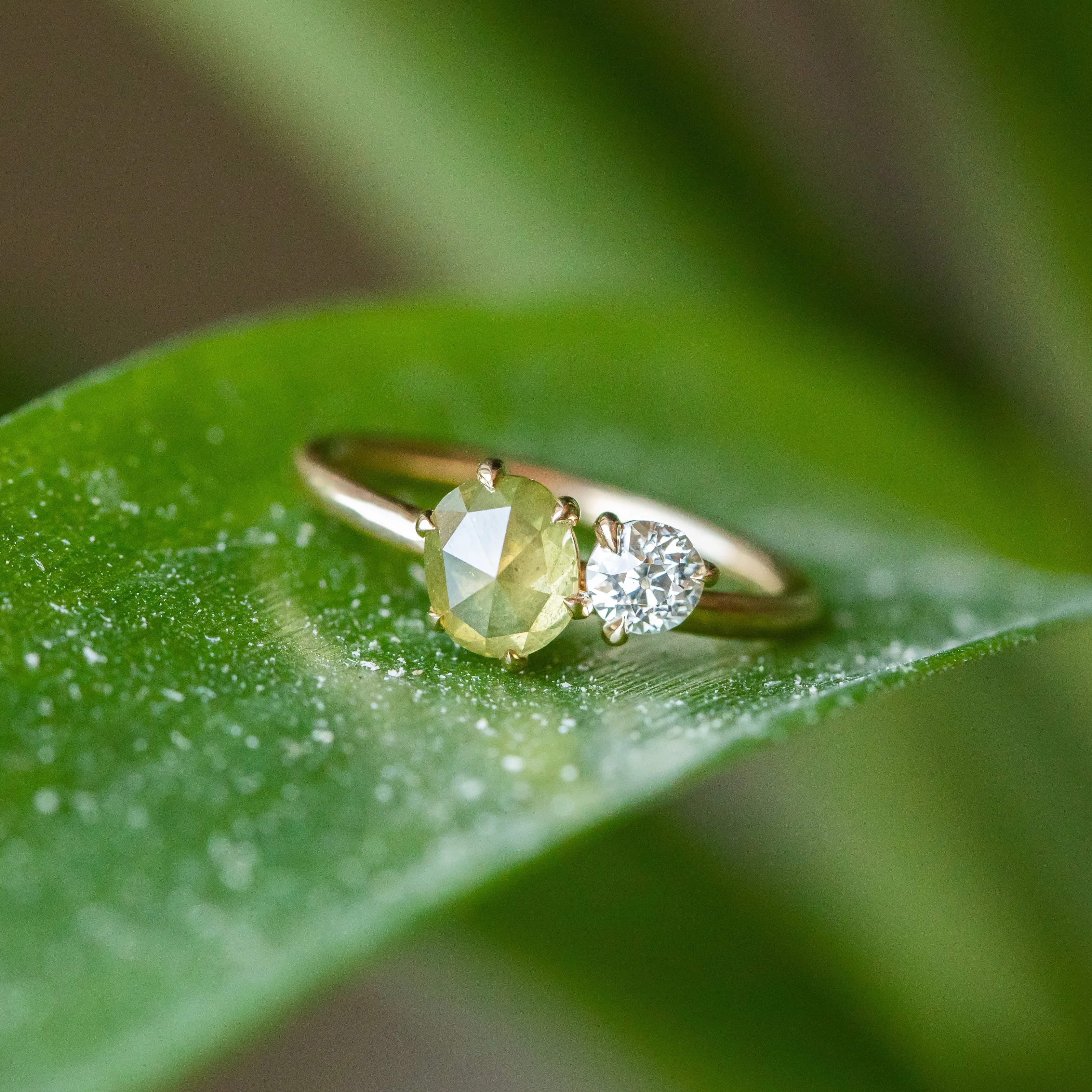 1.02ct Rosecut Green Diamond and 0.27ct Antique Old Mine Cut Diamond Ring in 18k Yellow Gold