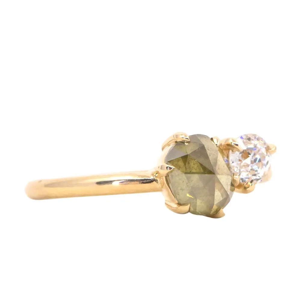 1.02ct Rosecut Green Diamond and 0.27ct Antique Old Mine Cut Diamond Ring in 18k Yellow Gold