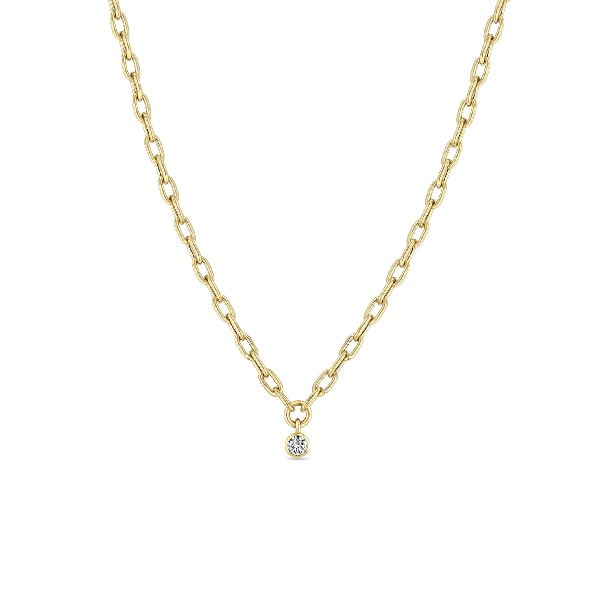 14k Medium Square Oval Link Dangling Diamond Bezel Necklace