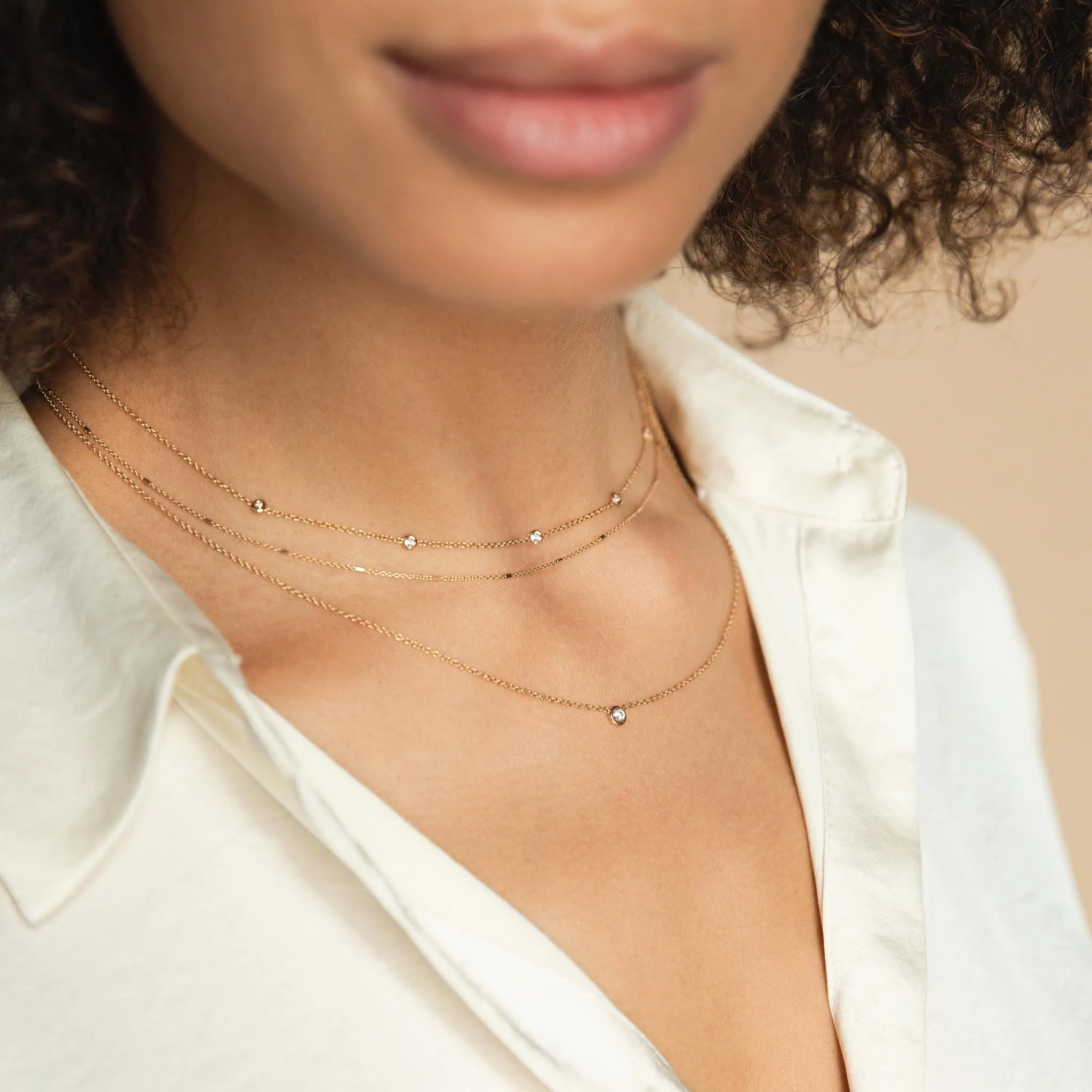 14k Tiny Bar Chain & Floating Diamond Layered Necklace