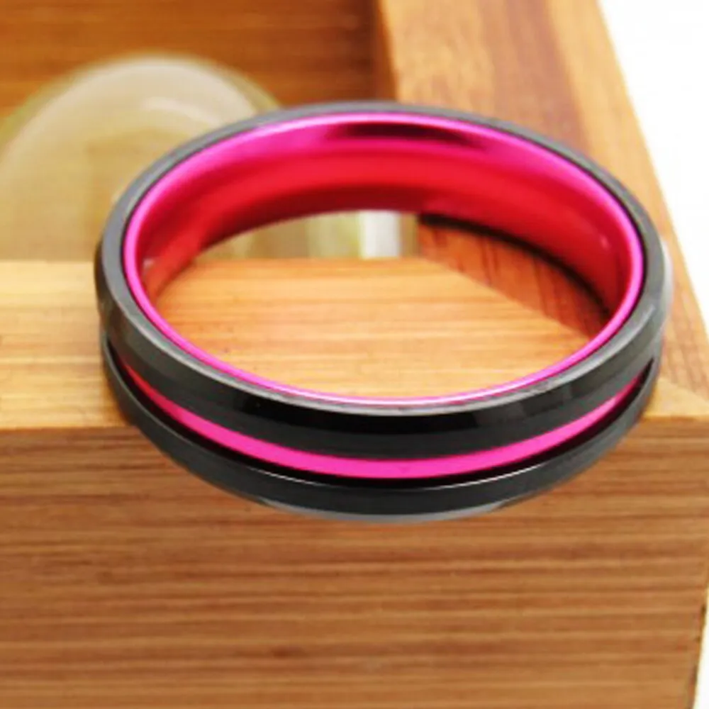 6mm Classic Black Beveled with Pink Inlay Tungsten Wedding Ring