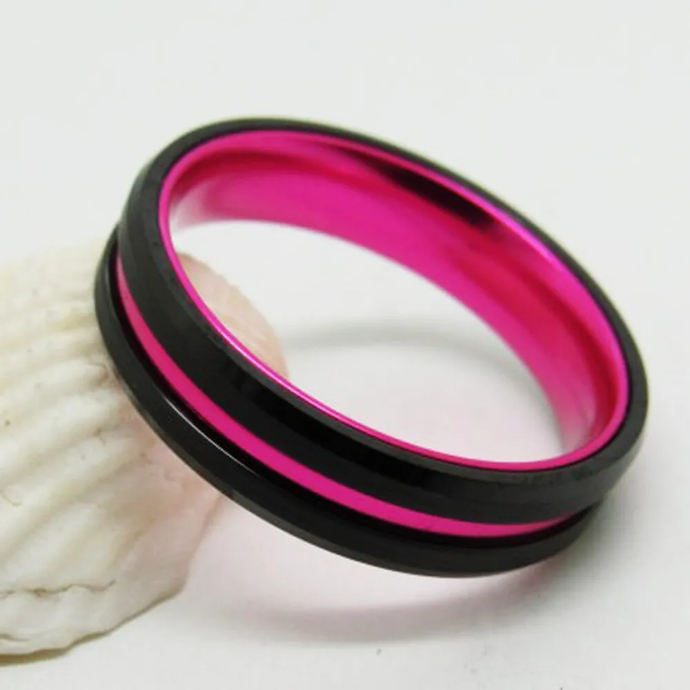 6mm Classic Black Beveled with Pink Inlay Tungsten Wedding Ring