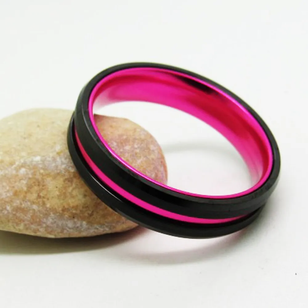 6mm Classic Black Beveled with Pink Inlay Tungsten Wedding Ring