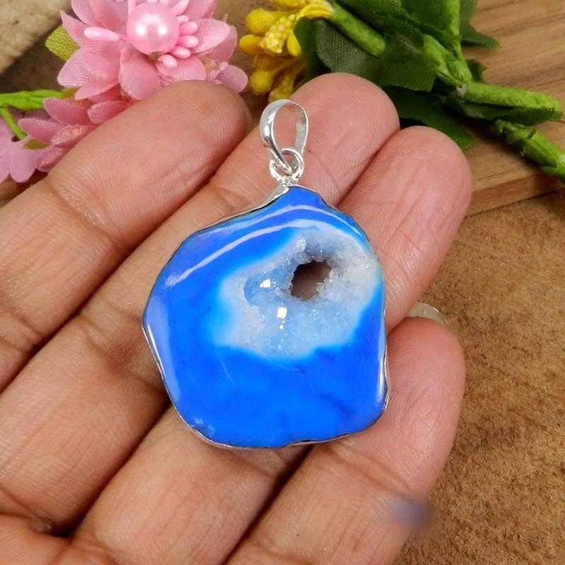 925 Sterling Silver Natural Blue Window Druzy Bezel Set Pendant Jewelry