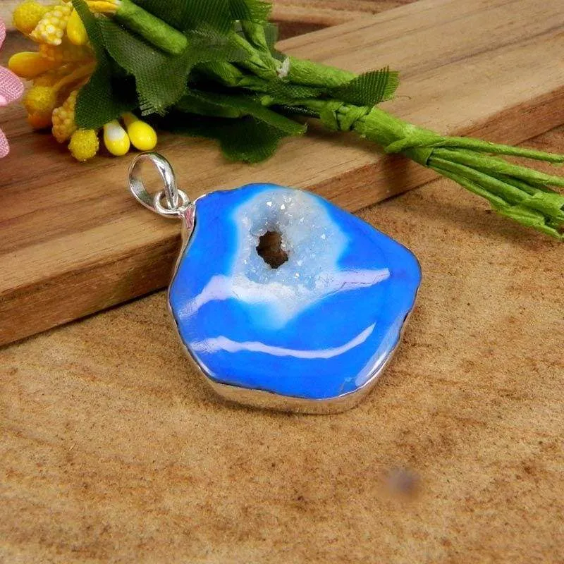 925 Sterling Silver Natural Blue Window Druzy Bezel Set Pendant Jewelry