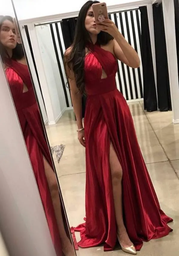 A-Line Cross Neck Floor-Length Sleeveless Dark Red Prom Dresses with Split Keyhole