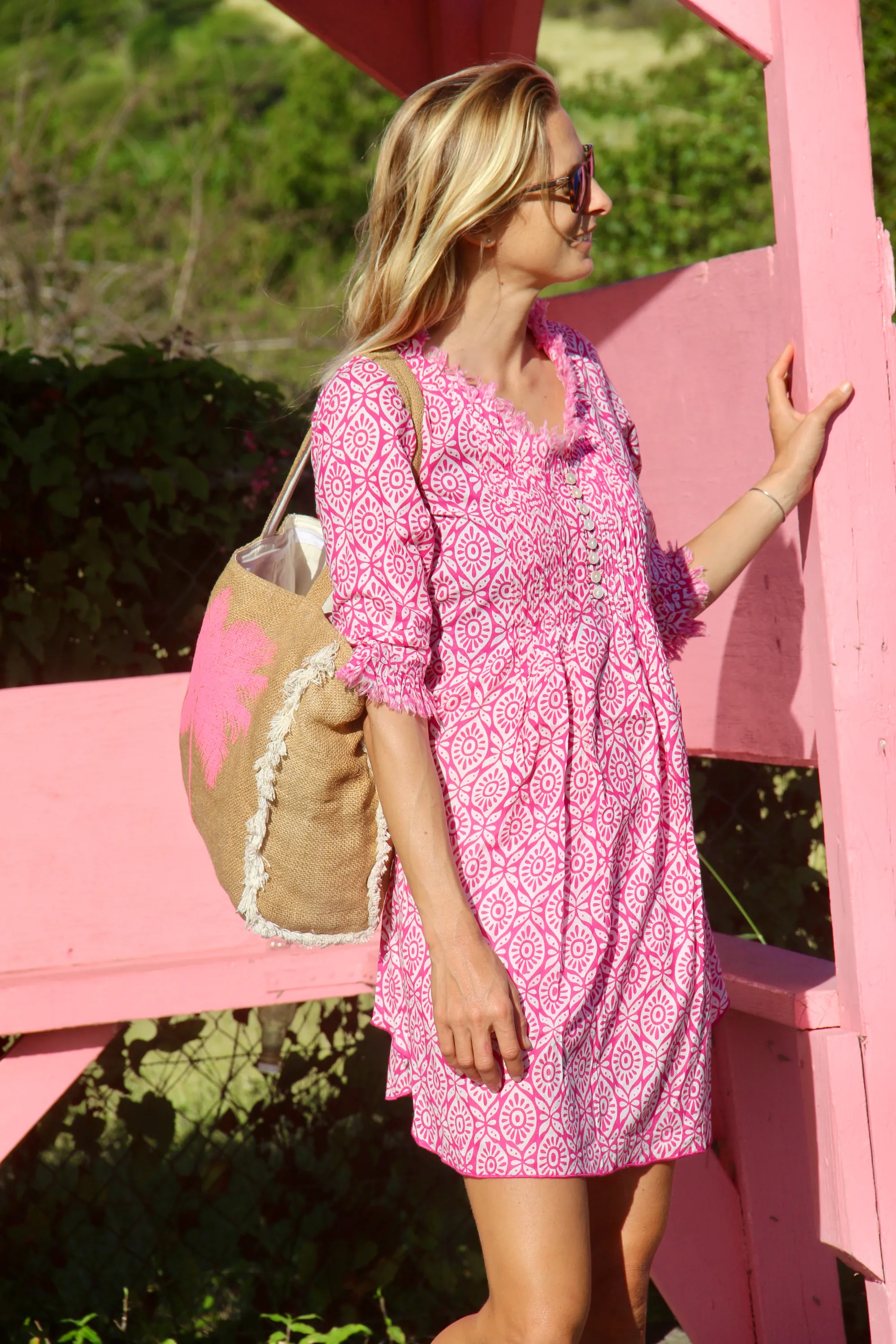 Annabel Cotton Tunic in Bubblegum Pink & White