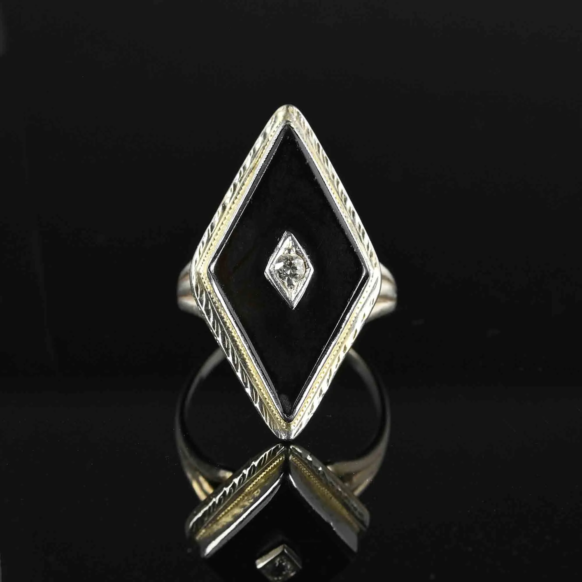 Art Deco 14K White Gold Diamond Onyx Ring