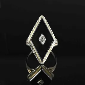 Art Deco 14K White Gold Diamond Onyx Ring