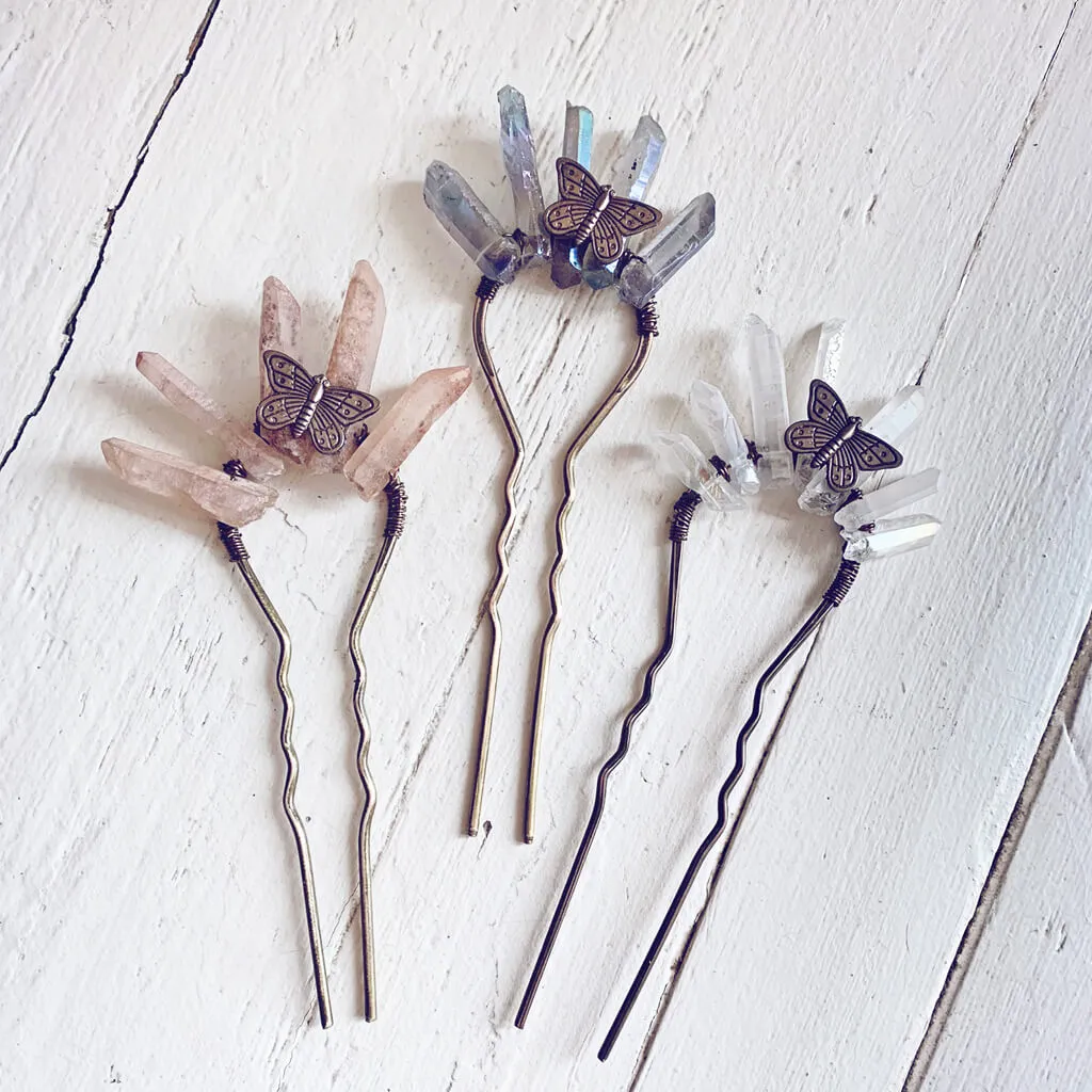 aura // quartz crystal antique brass hair fork stick pin