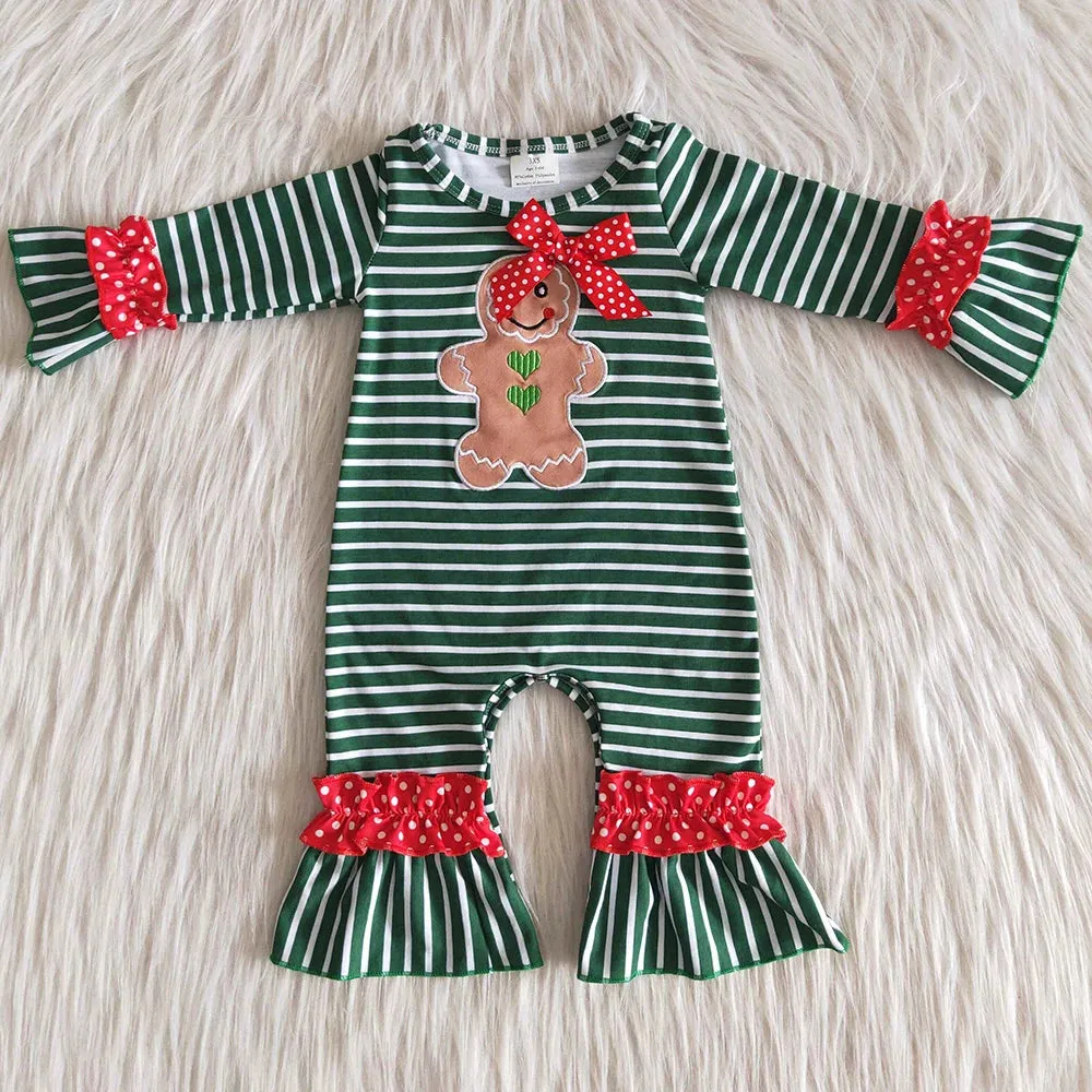 Baby Romper - Christmas - Gingerbread Green Stripe Girls