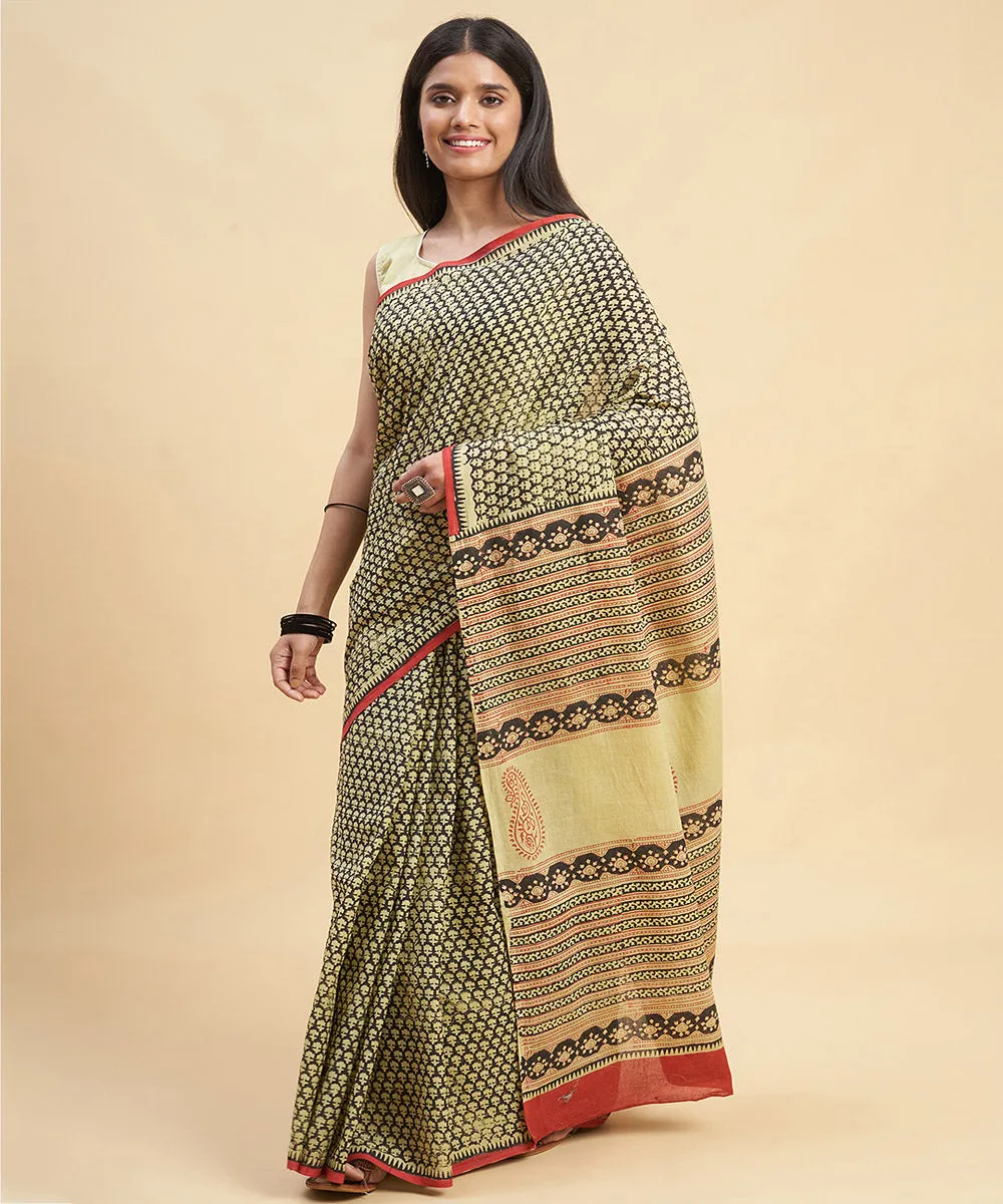 Beige black cotton hand block sanganeri printed saree