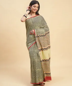 Beige black cotton hand block sanganeri printed saree