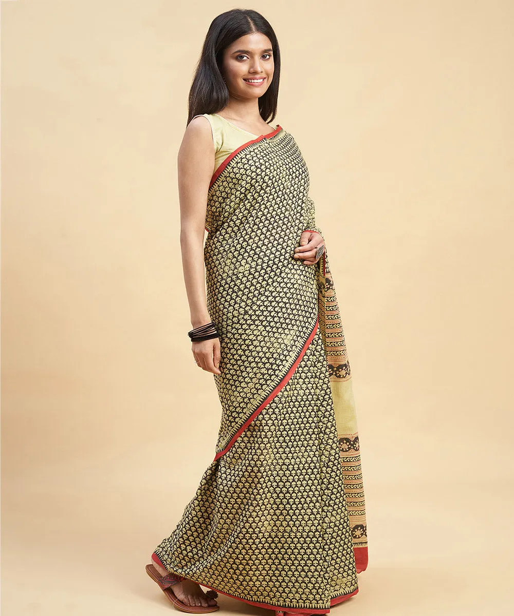 Beige black cotton hand block sanganeri printed saree