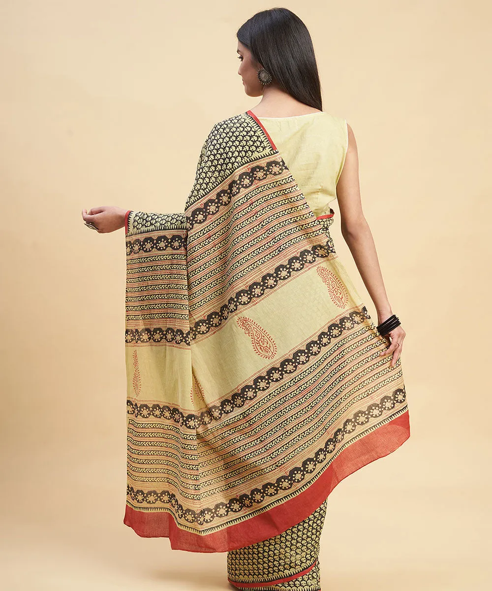 Beige black cotton hand block sanganeri printed saree