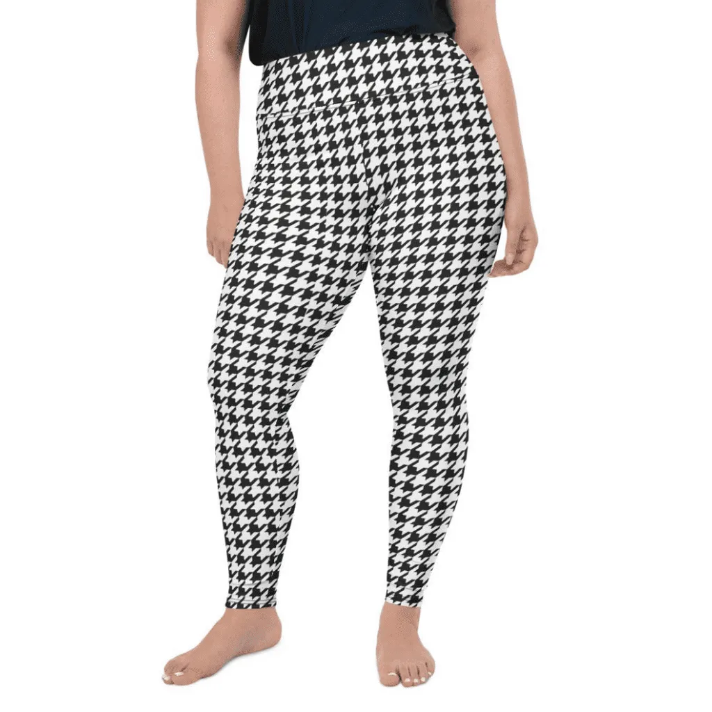 Black & White Houndstooth Print Plus Size Leggings