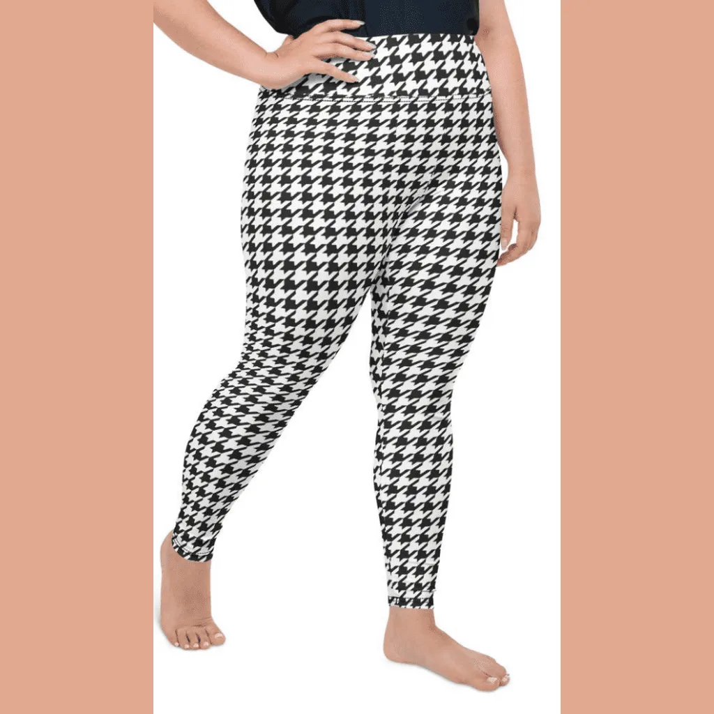 Black & White Houndstooth Print Plus Size Leggings