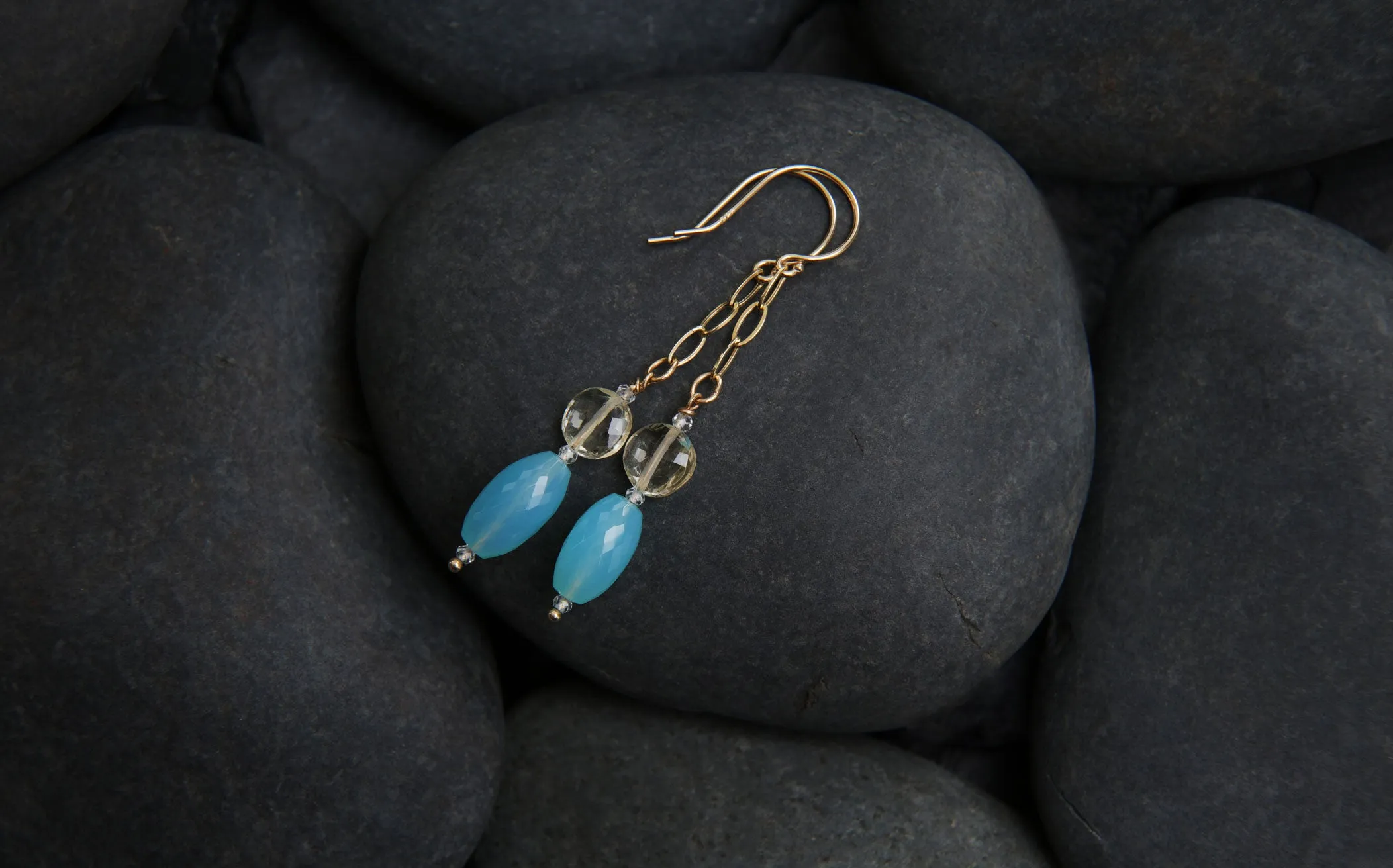 Blue Chalcedony, Scapolite, Topaz, and Gold Ear Wires