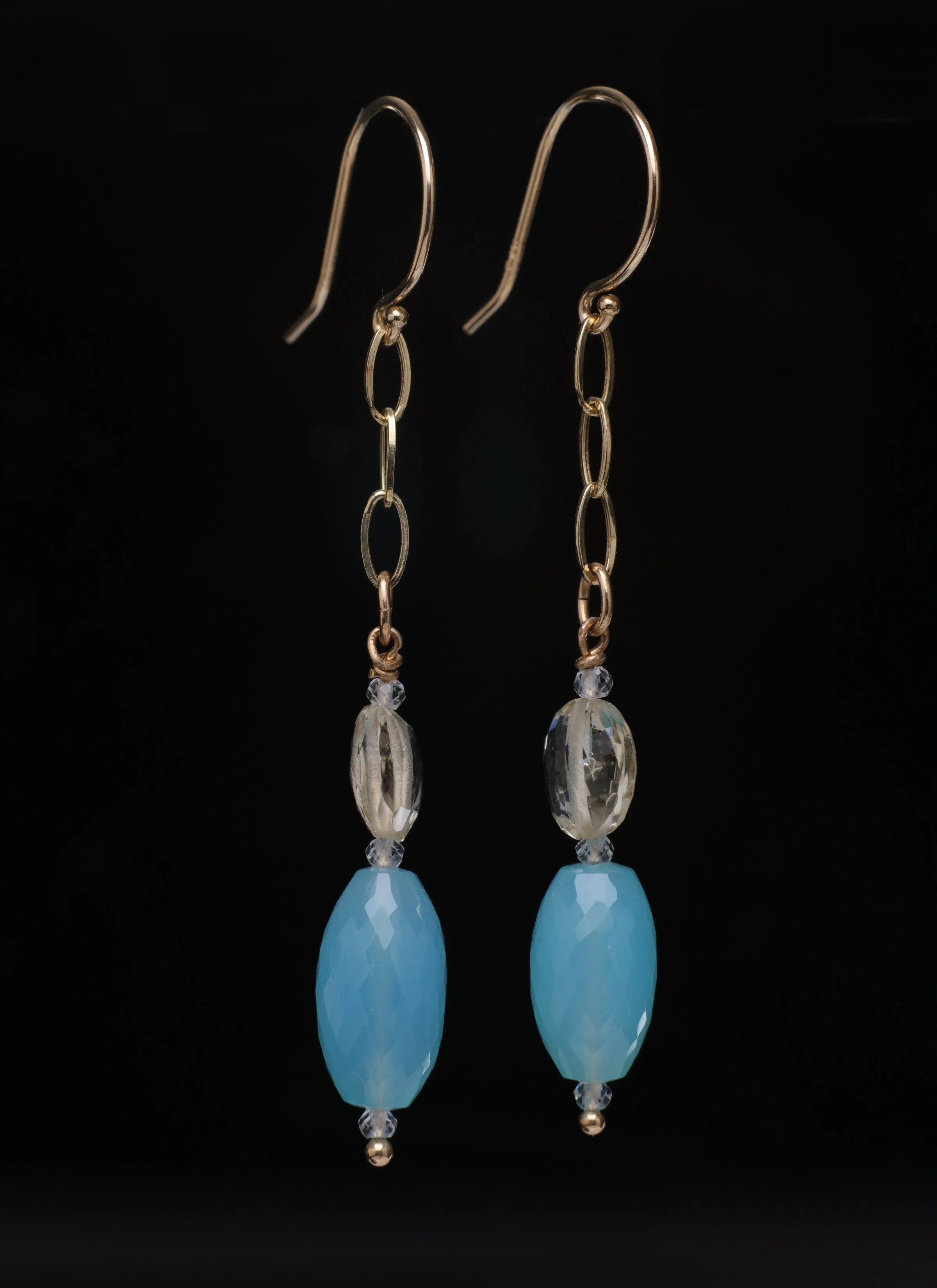 Blue Chalcedony, Scapolite, Topaz, and Gold Ear Wires