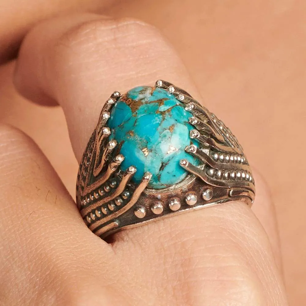 Blue Copper Turquoise Ring, Turkish Silver Ring, Ottoman Mens Ring, 925 Sterling Silver