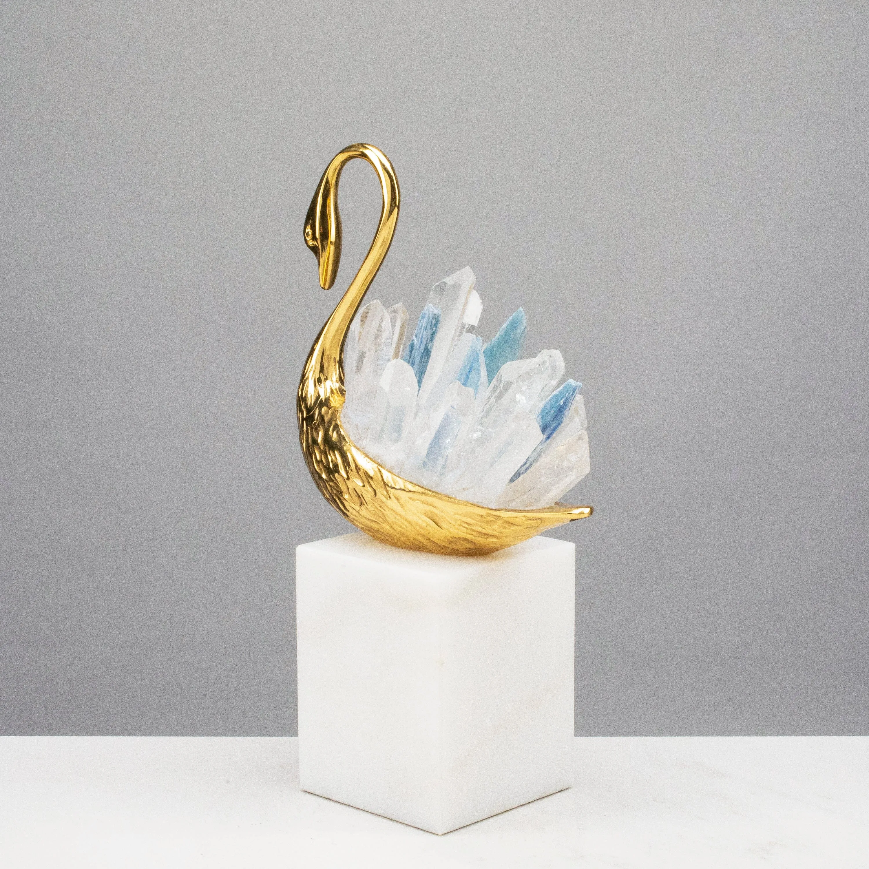 Brass Swan with Kyanite and Quartz Cluster