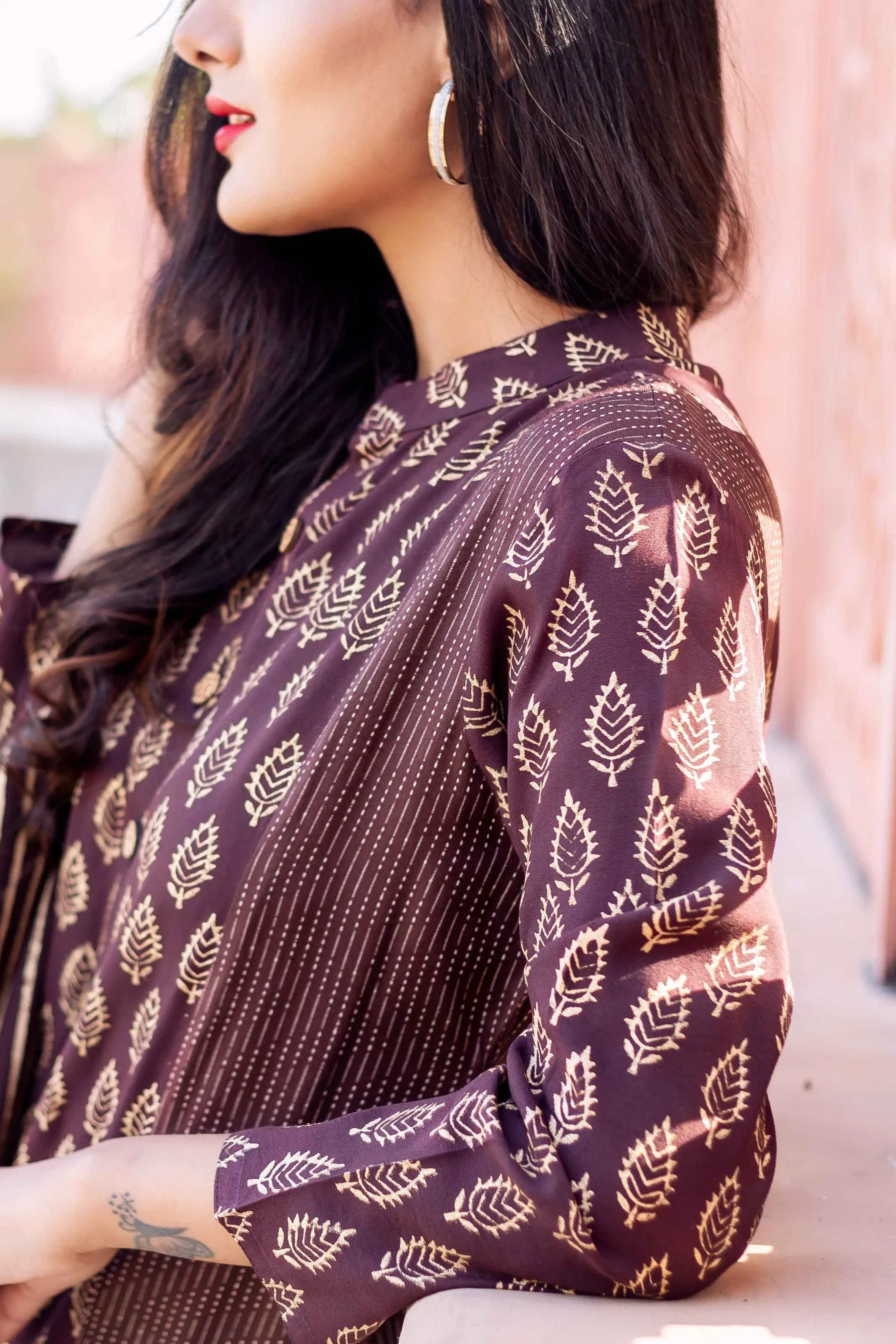 Brown Kantha Kurta with Golden Print