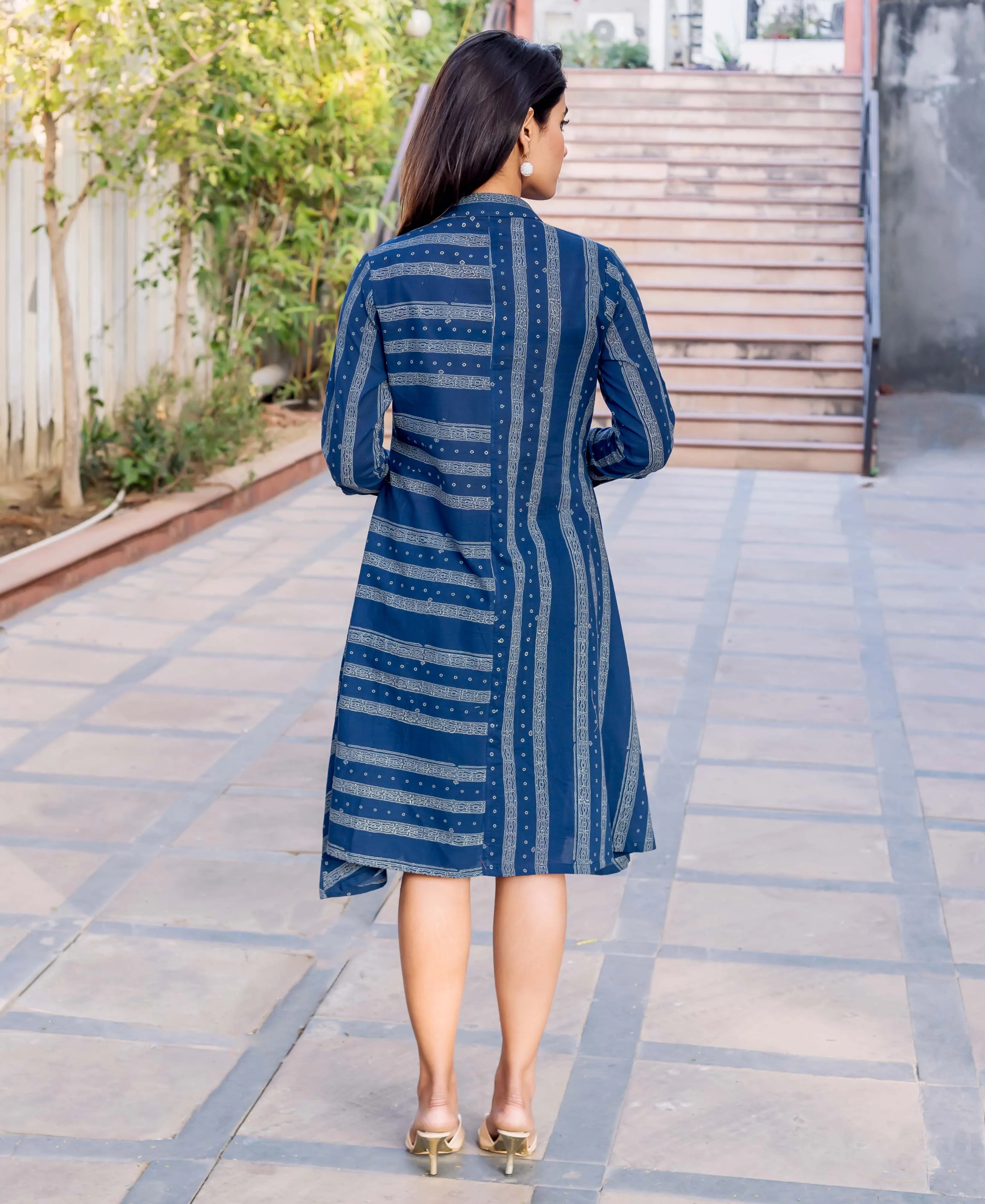 Button Down Indigo Block Printed Dress