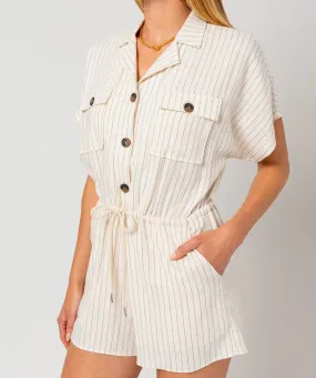 Button Down Short Sleeve Romper - Ivory/Black Stripe