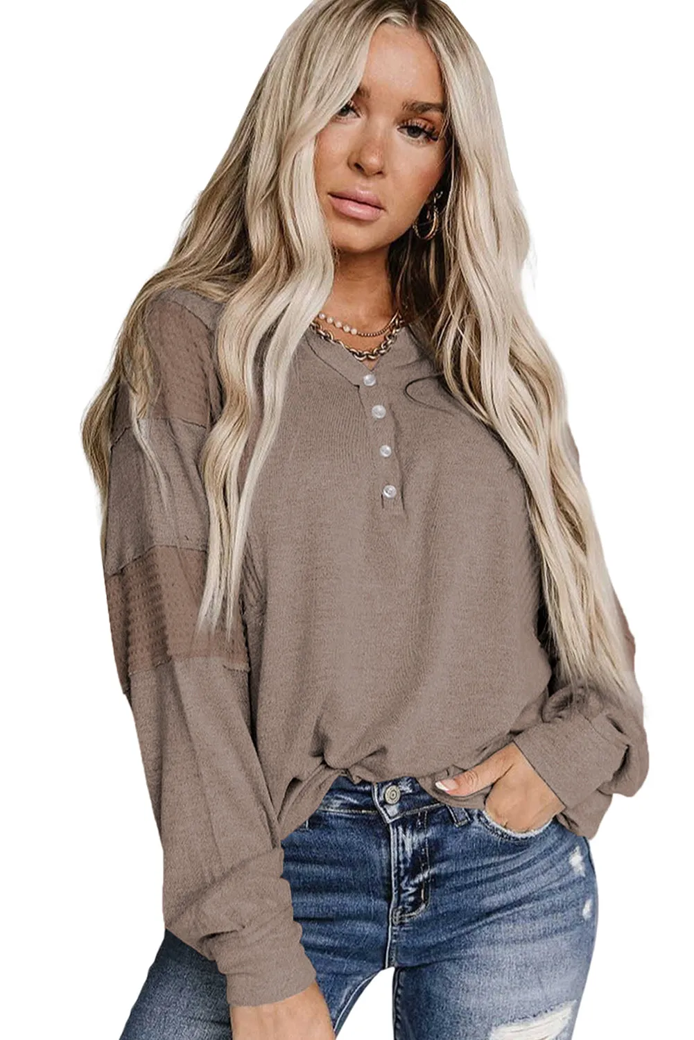 Chestnut Waffle Patchwork Dolman Sleeve Henley Top