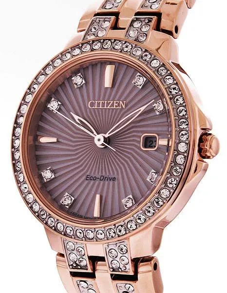 Citizen Eco-Drive Womens Watch - Swarovski Crystals - Rose Gold-Tone - Date