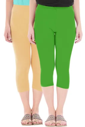 Combo Pack Of 2 Skinny Fit 3/4 Capris Leggings For Women Dark Skin Parrot Green