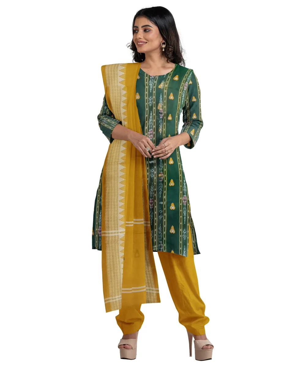 Dark green mustard handwoven cotton nuapatna dress material