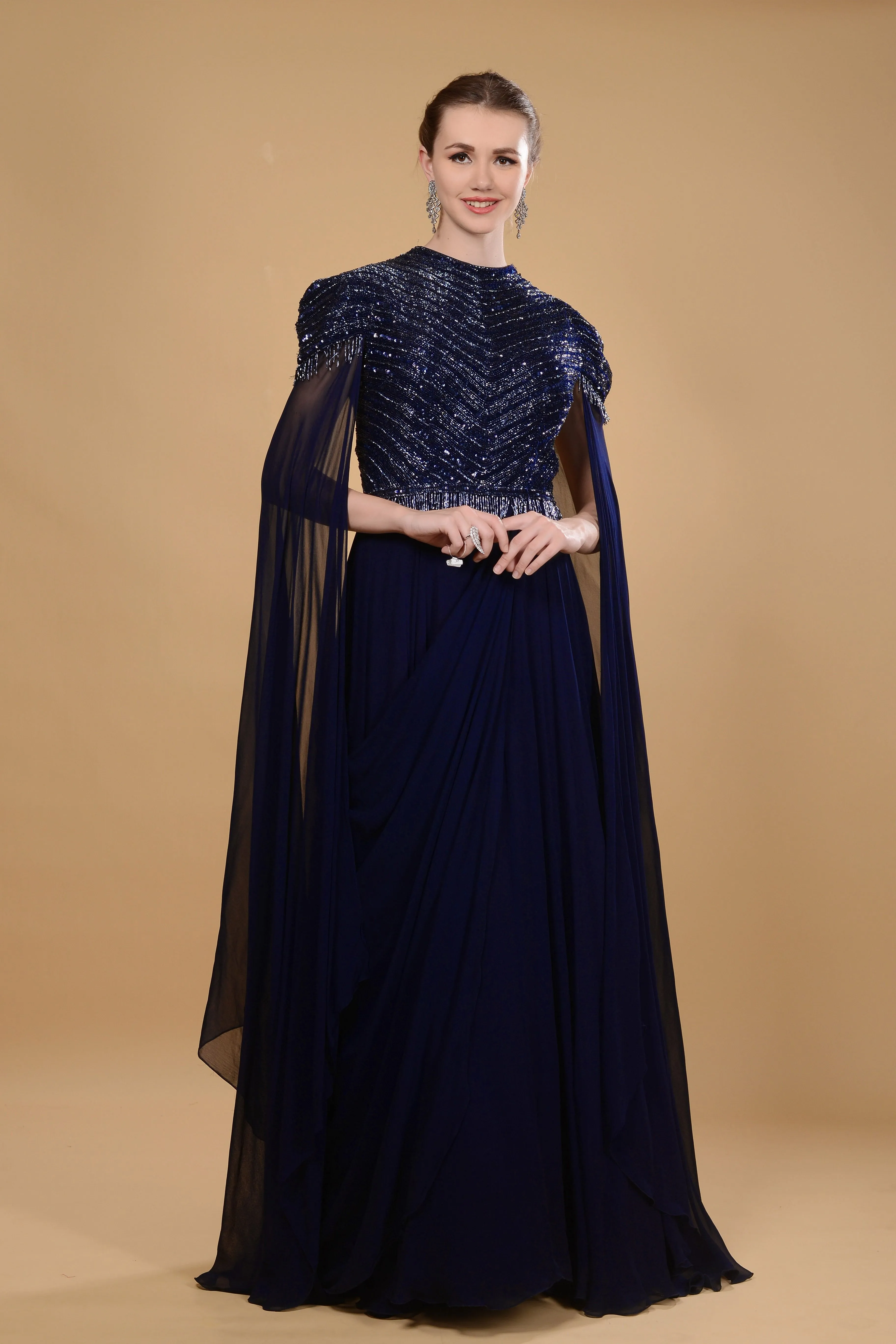 Dark navy blue gown.