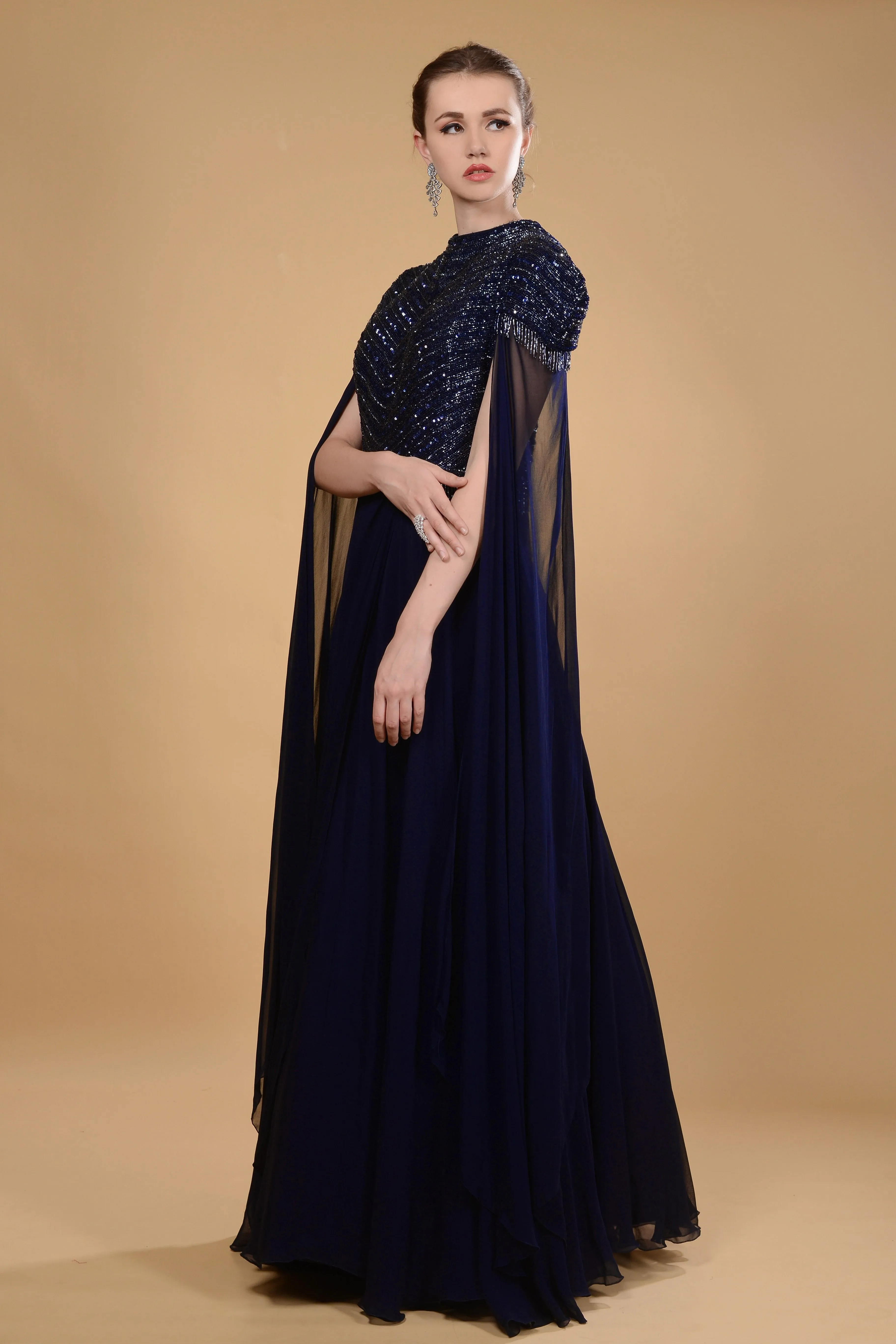 Dark navy blue gown.