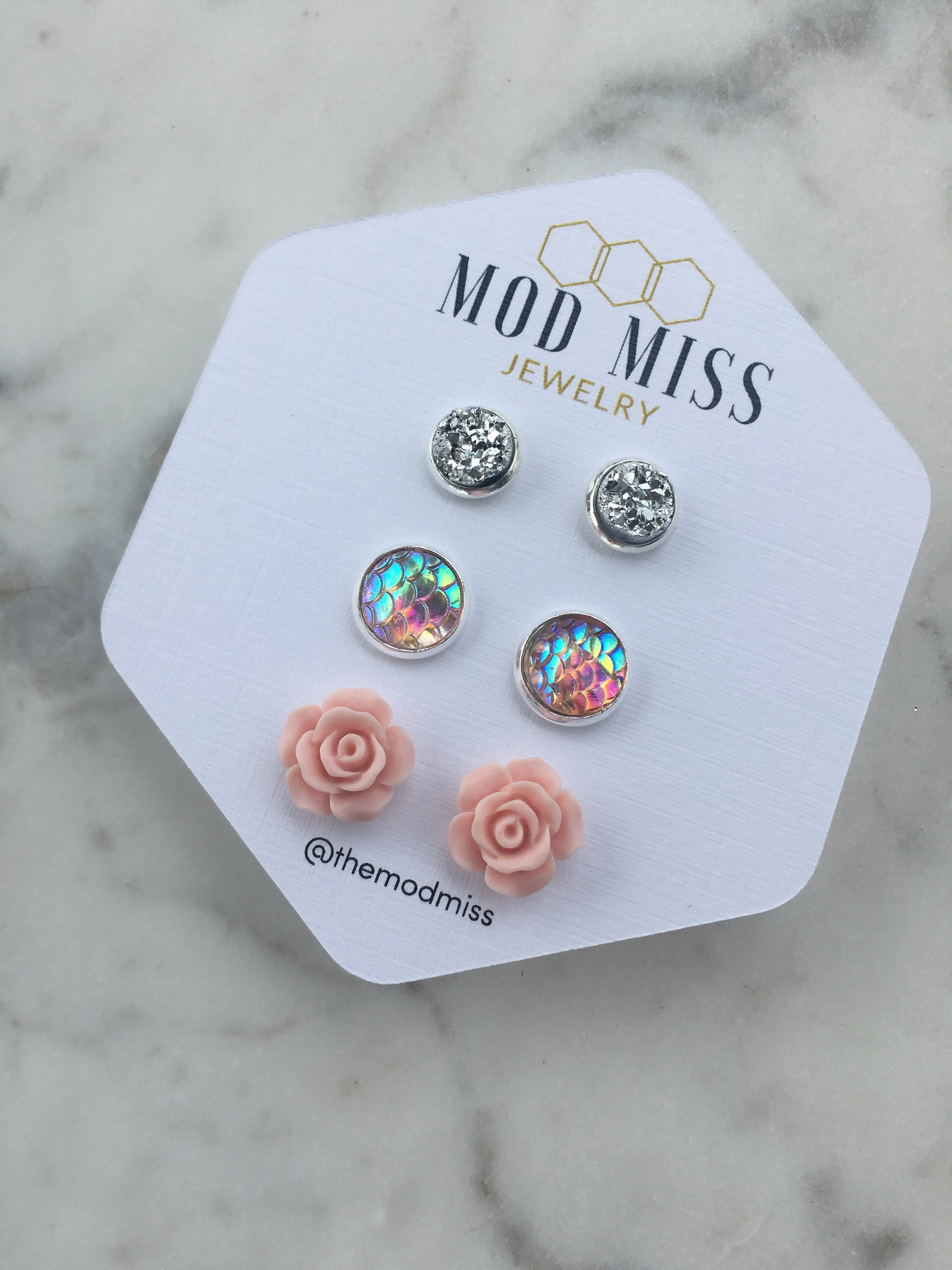 Druzy Stud Earring Set of 3 Silver 8mm, Pink Mermaid & light Pink Rose