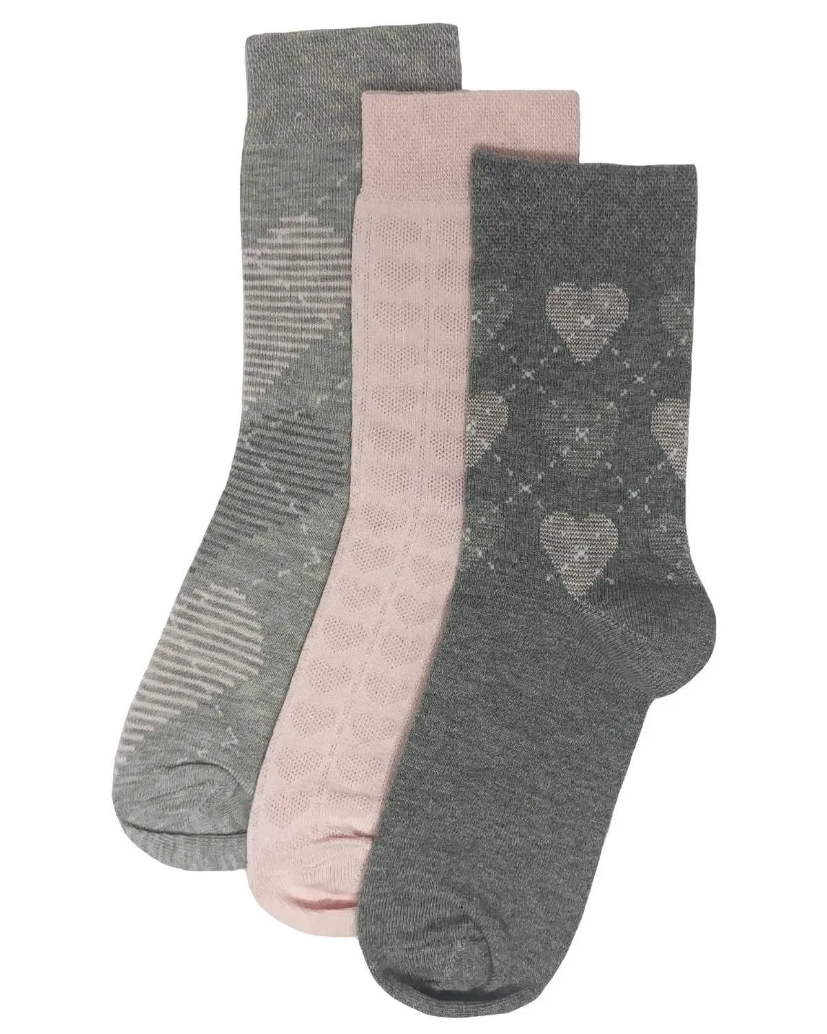 Flexitop 3 Pack Womens Cotton Rich Socks - Pink/Grey Heart