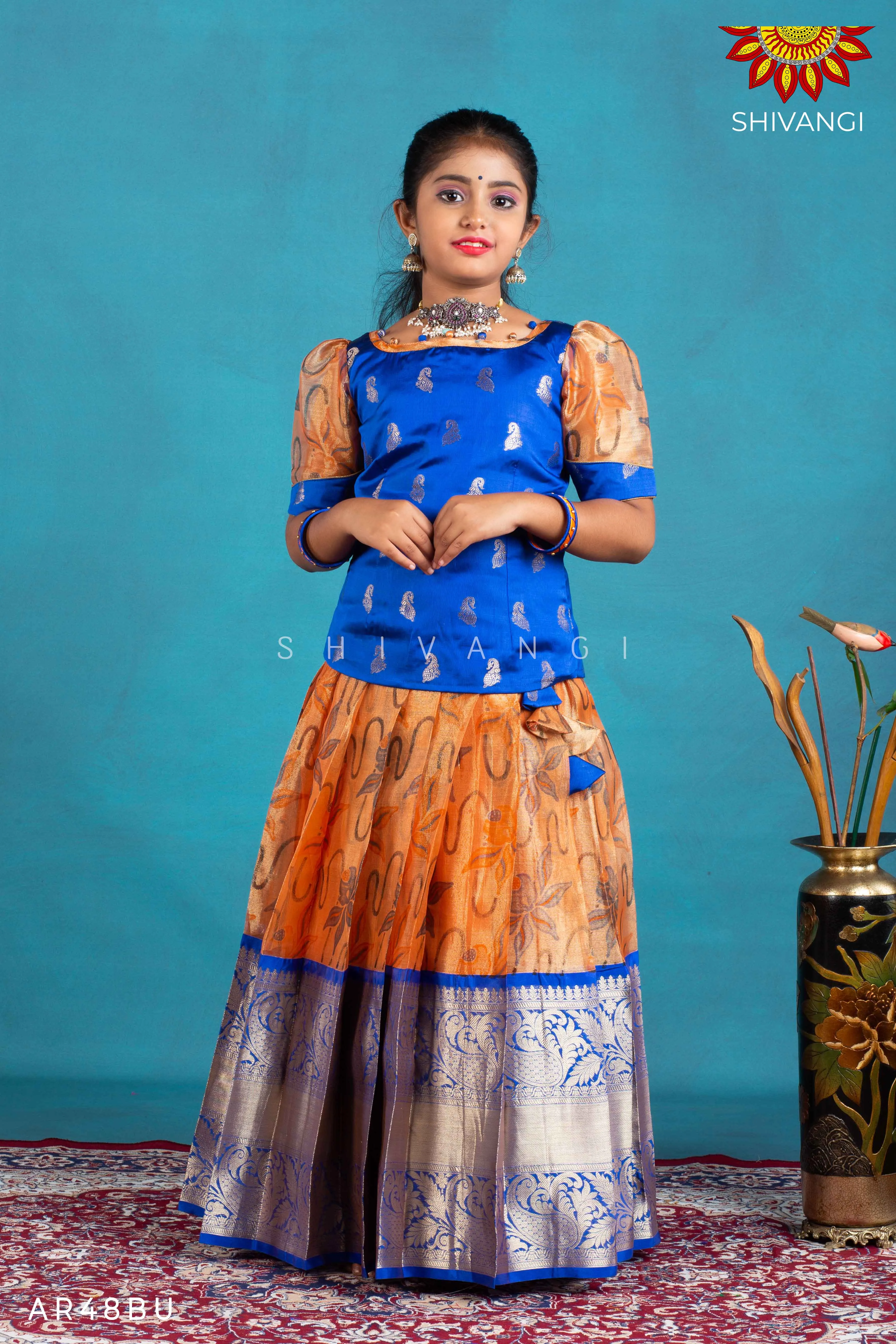 Girls Blue Pink Lilly Pattu Pavadai