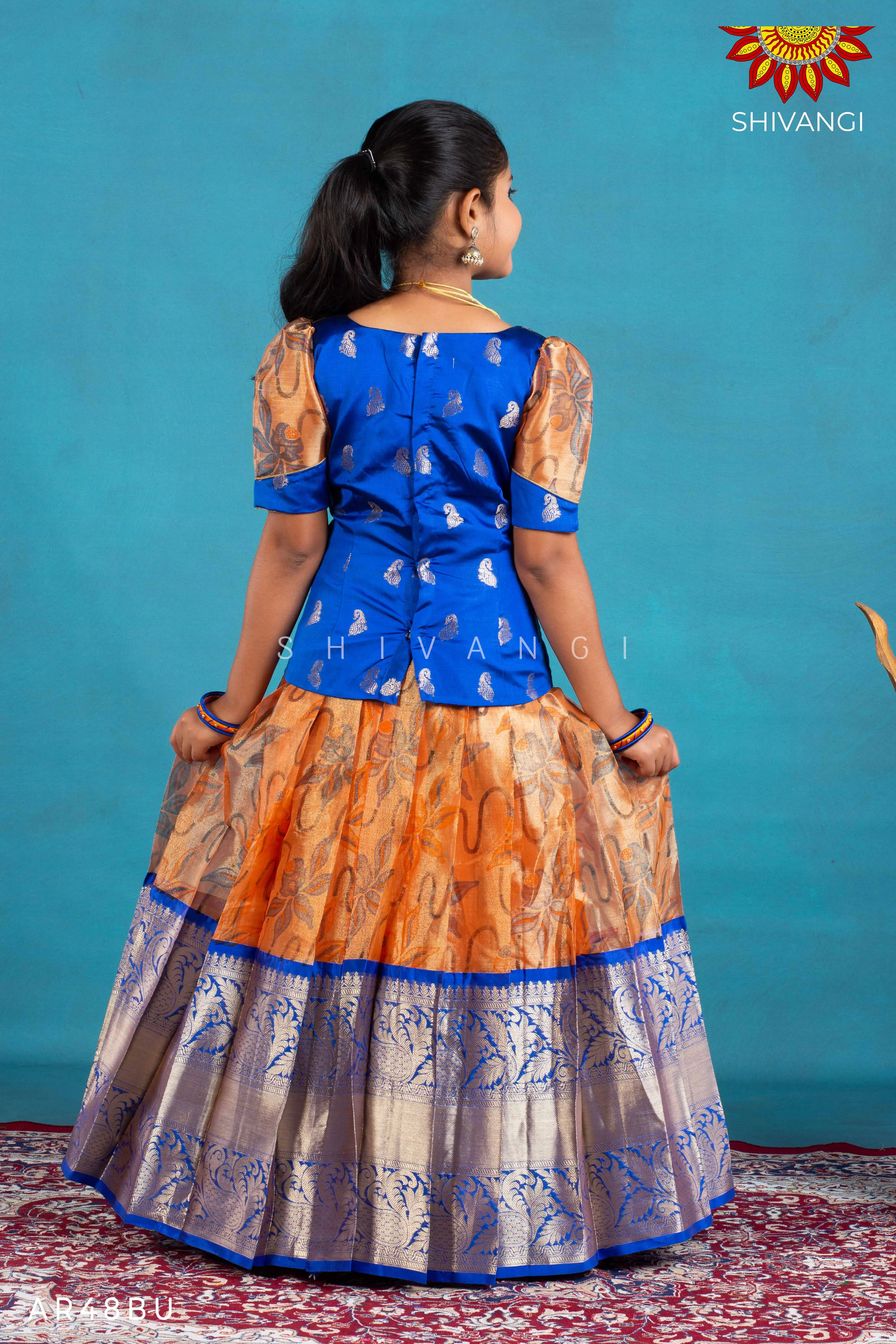 Girls Blue Pink Lilly Pattu Pavadai