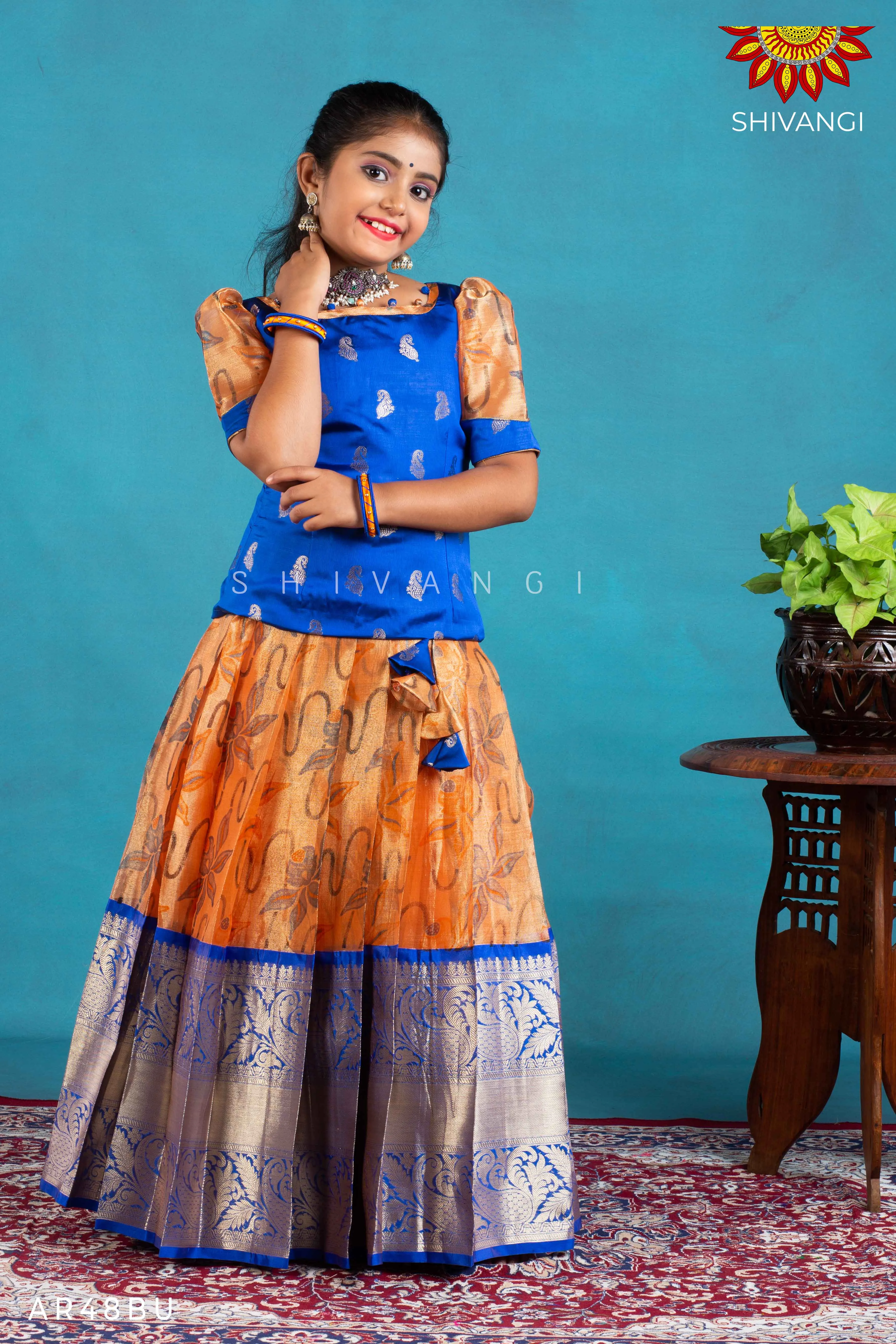 Girls Blue Pink Lilly Pattu Pavadai