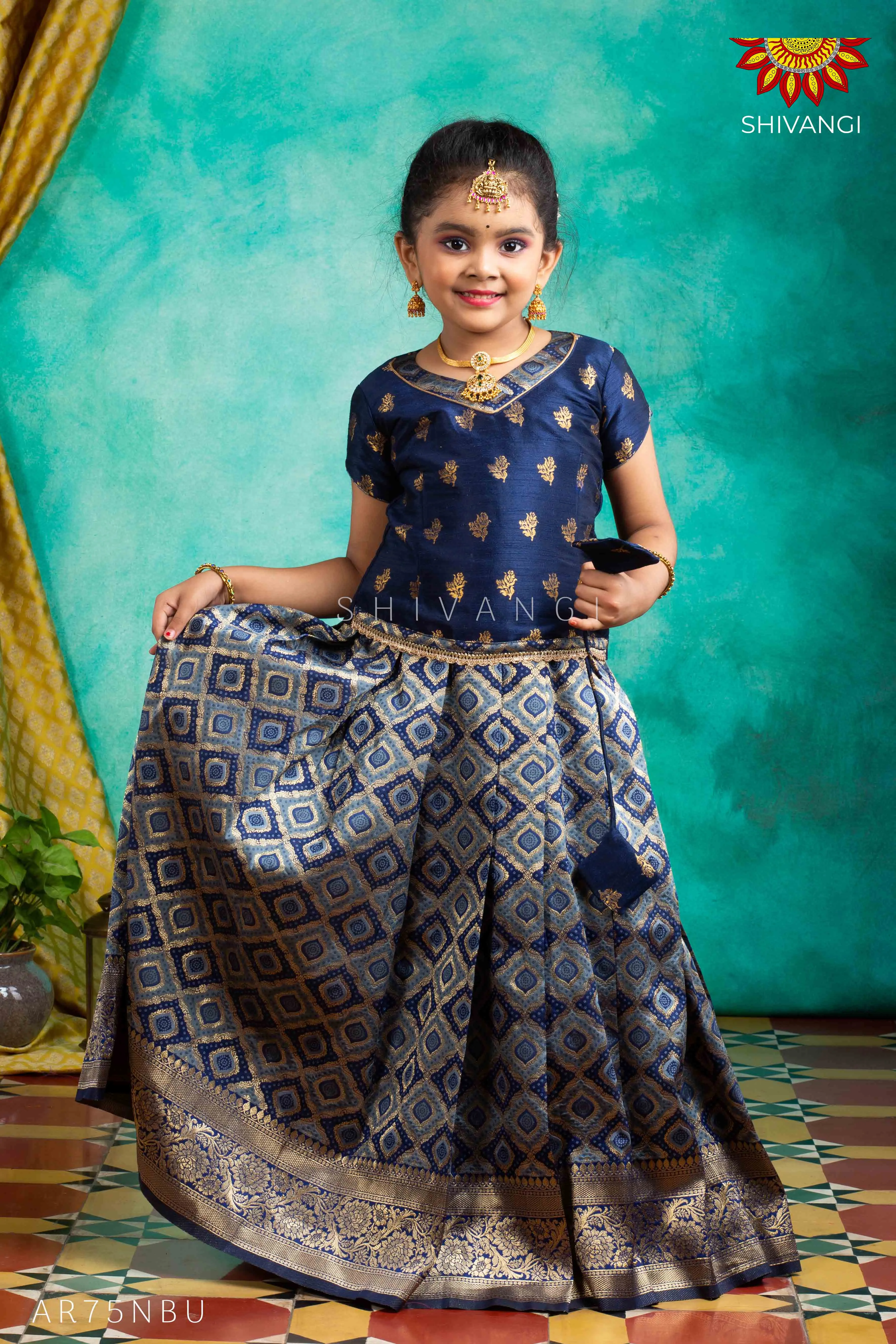 Girls Navy Blue KGF Bandhini Pattu Pavadai | Langa