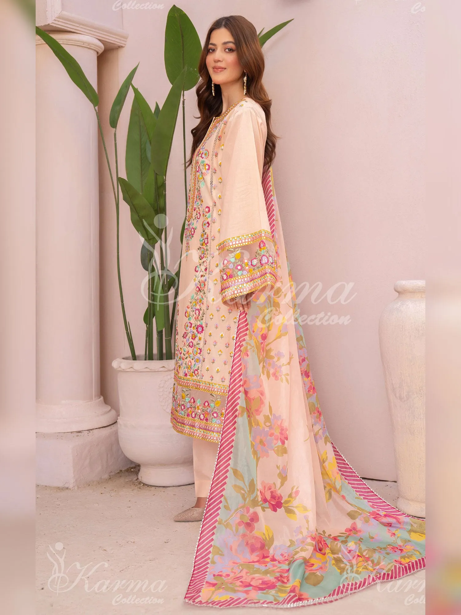 Karma Collection "Naqsh" Pink Cotton Embroidered Suit (KC1352)