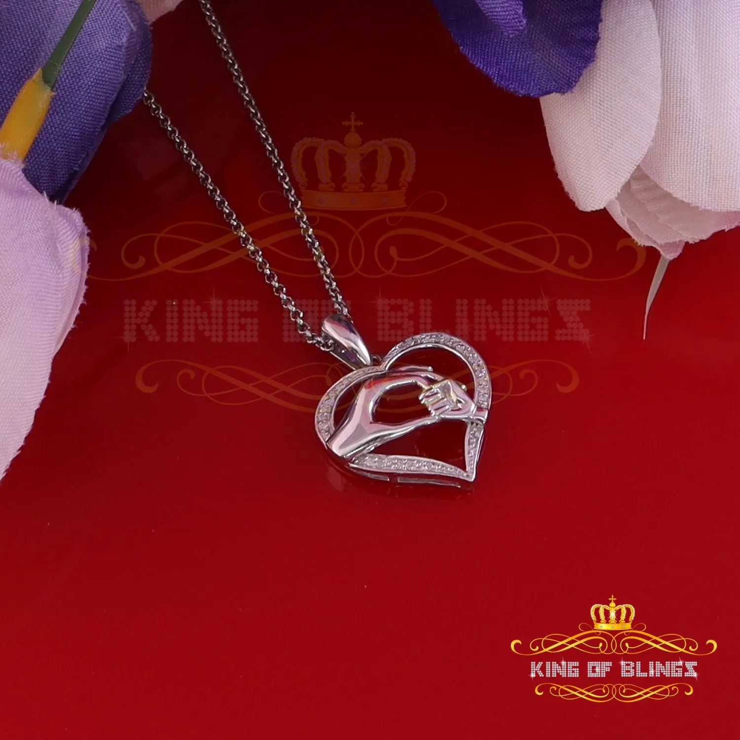 King Of Bling's Real 0.10CT Diamond Heart in MOM'S CARE Sterling Silver White Necklace Pendant