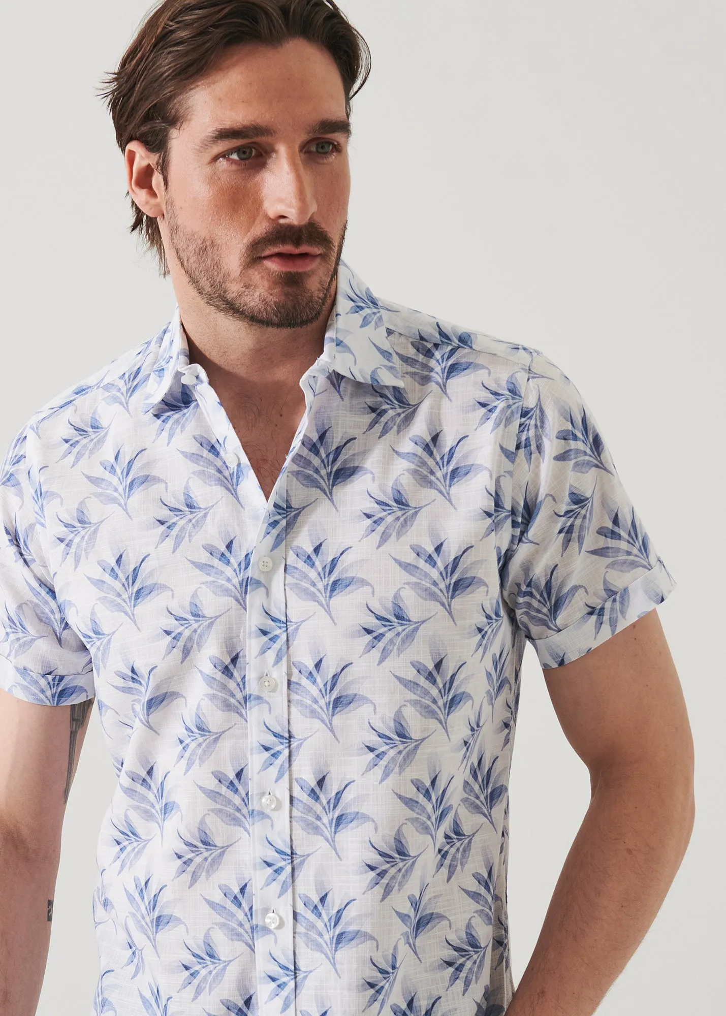 LEAF PRINT COTTON SHORT SLEEVE SHIRT