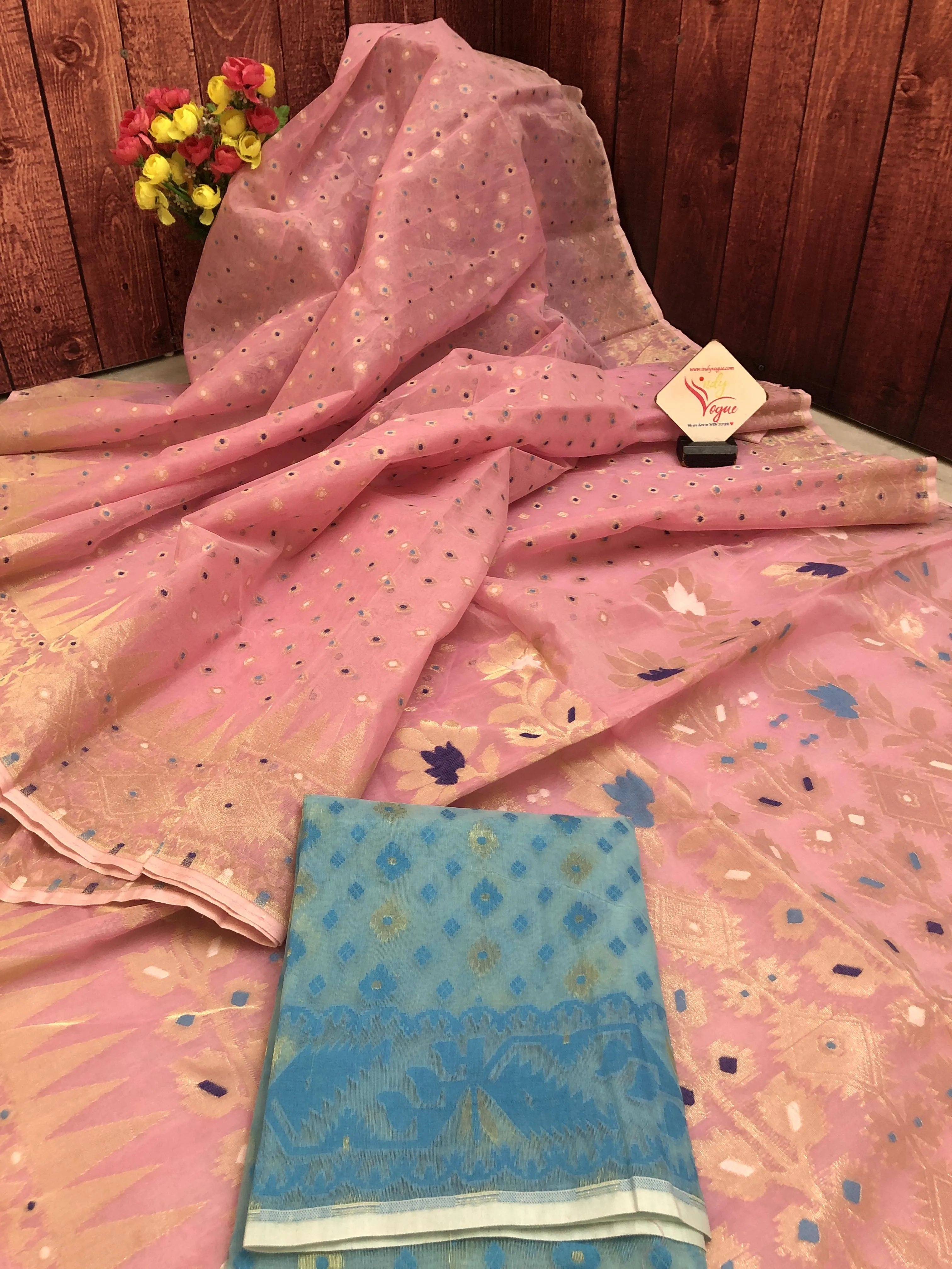 Light Salmon Pink Color Jamdani Saree with Meenakari Buti Work