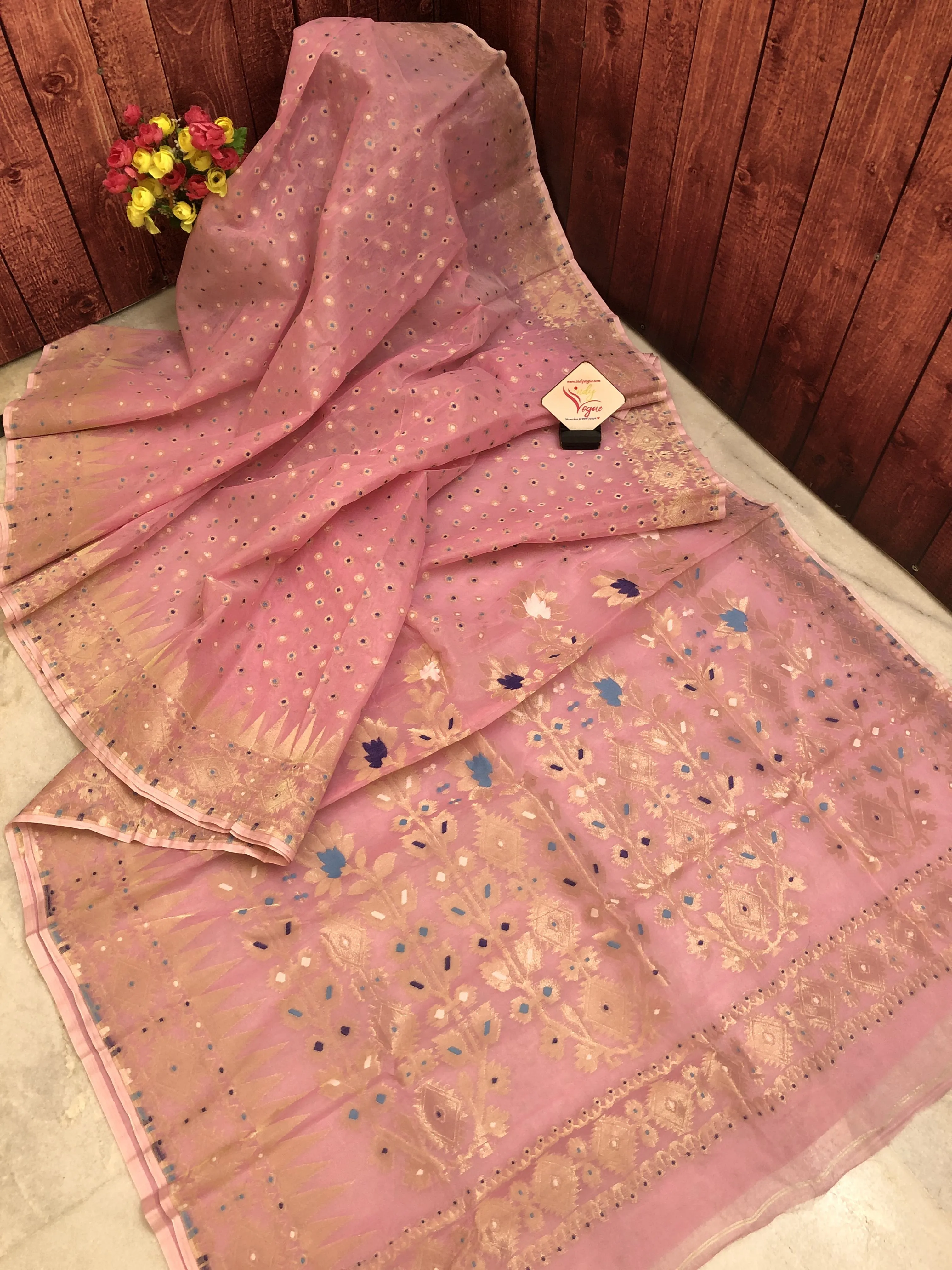 Light Salmon Pink Color Jamdani Saree with Meenakari Buti Work