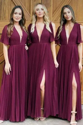 Long Deep V Neck Pleats Dark Red Chiffon Split Bridesmaid Dress Long Prom Dresses