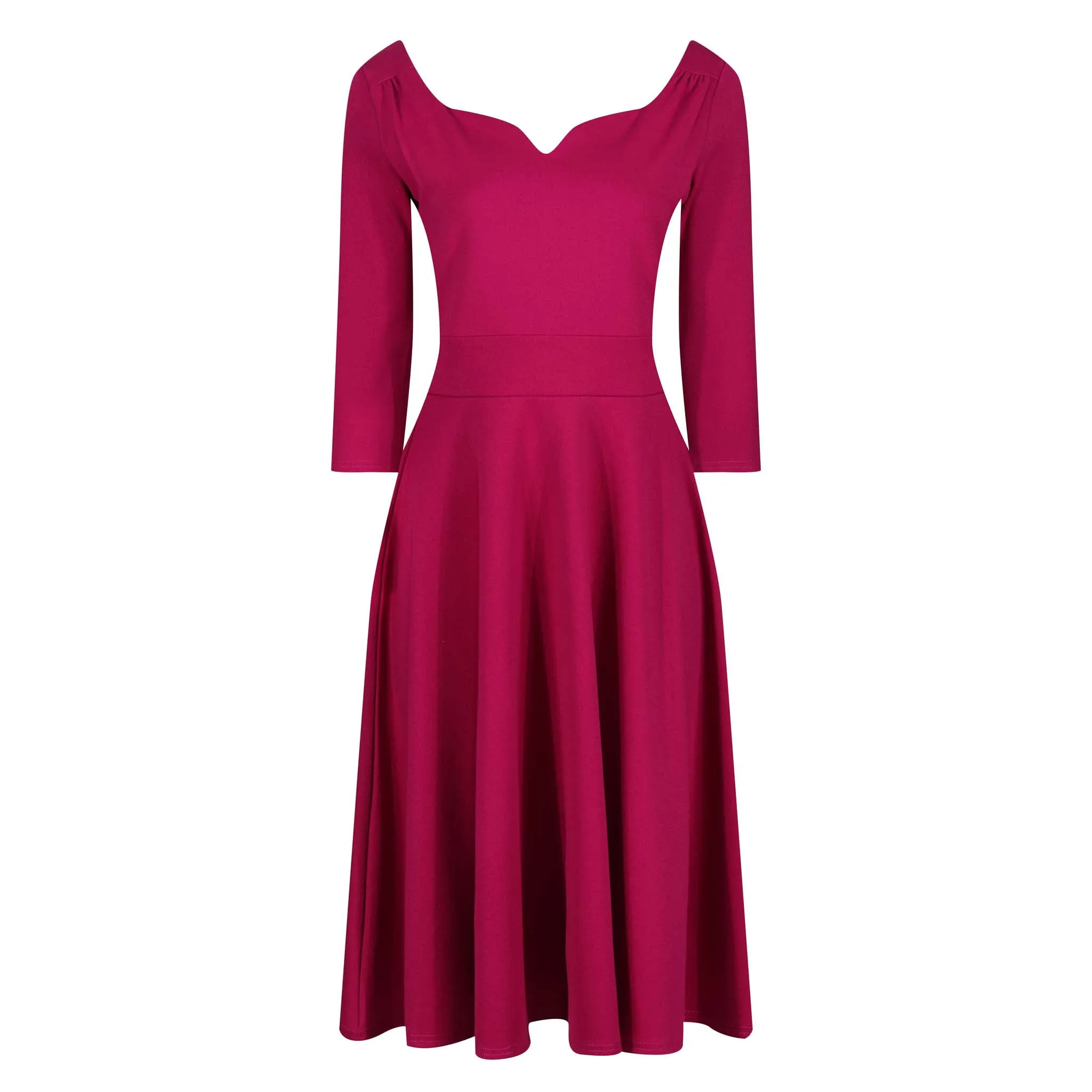 Magenta Diamond Neckline 3/4 Sleeve Vintage Swing Midi Dress