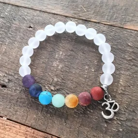 Matte Gemstone Chakra Bracelet with Crystal Quartz and Om Charm